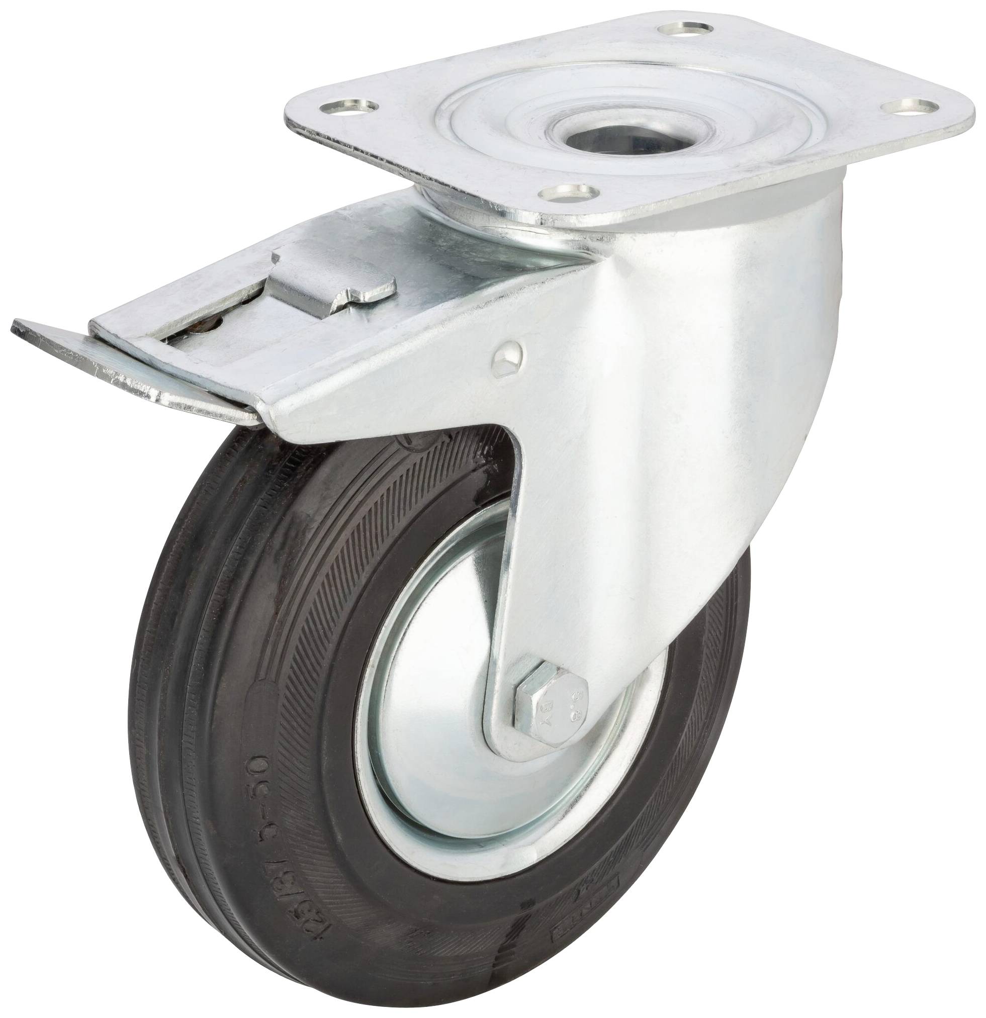 A swivel wheel with a metal mounting and black rubber tyre, commonly used for mobile equipment or furniture.