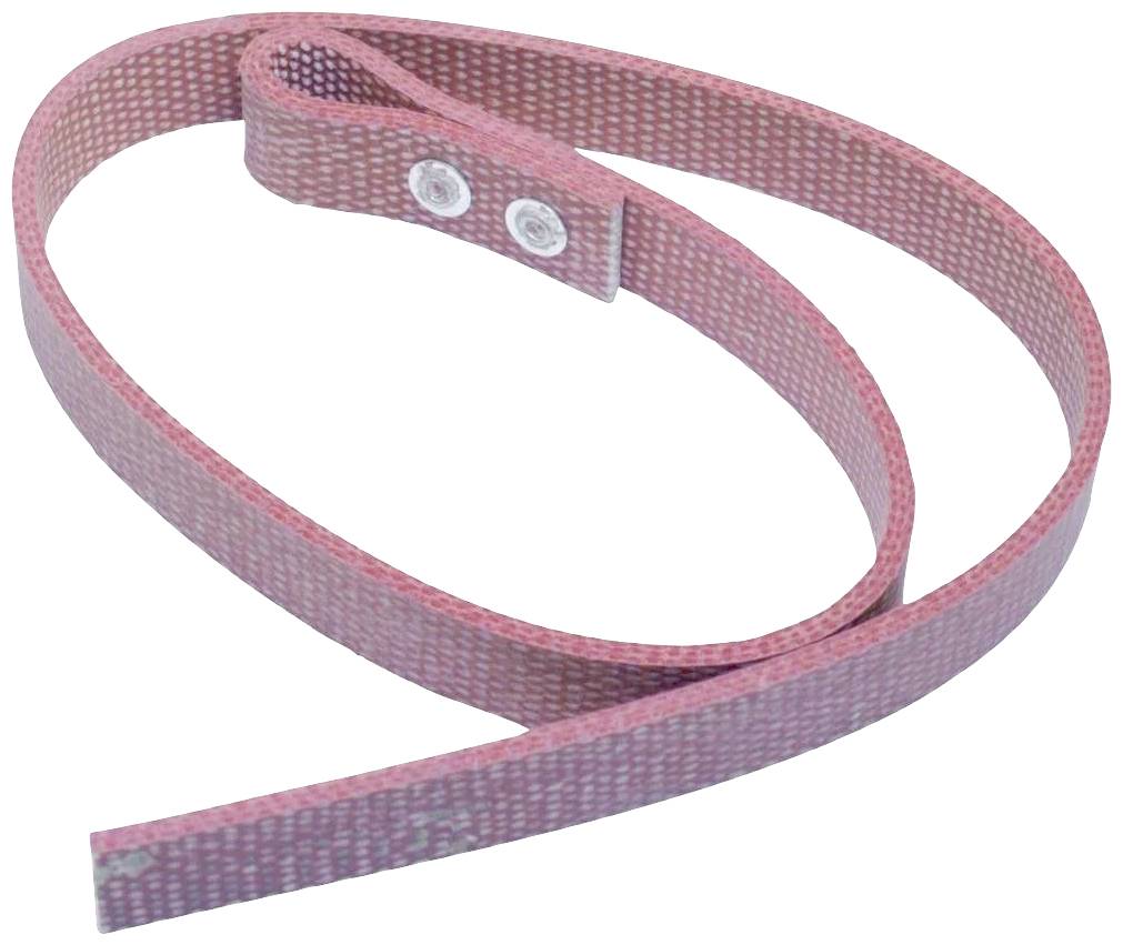 A red, flexible belt with two white buttons at one end.
