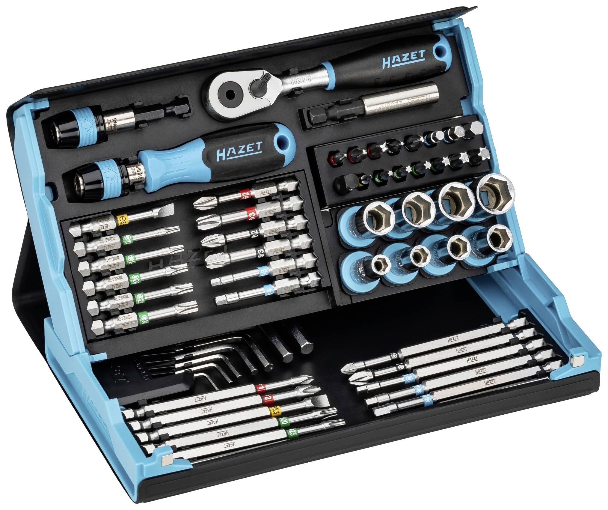 A tool set comprising various screwdrivers, bits and hex keys. The set is arranged in a fold-out case.