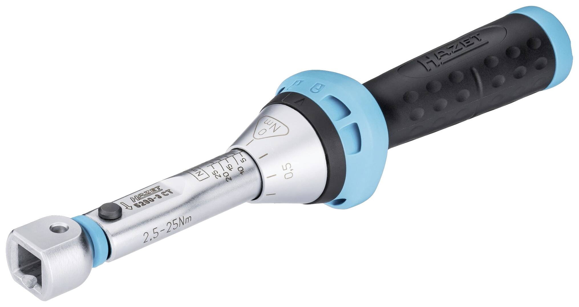 Torque wrench with blue and black handle, scale ranging from 2.5 to 25 Nm. Brand name engraved on the metal surface.