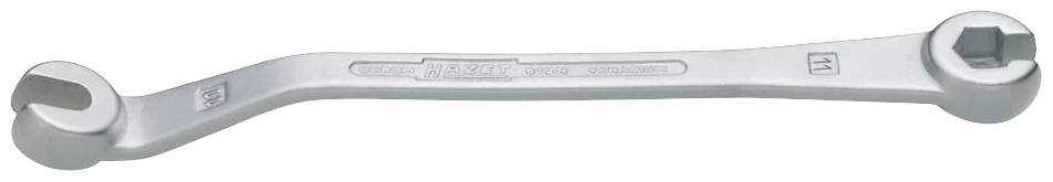 A silver double-ended ring spanner with different hexagonal openings at both ends; suitable for various screw sizes.