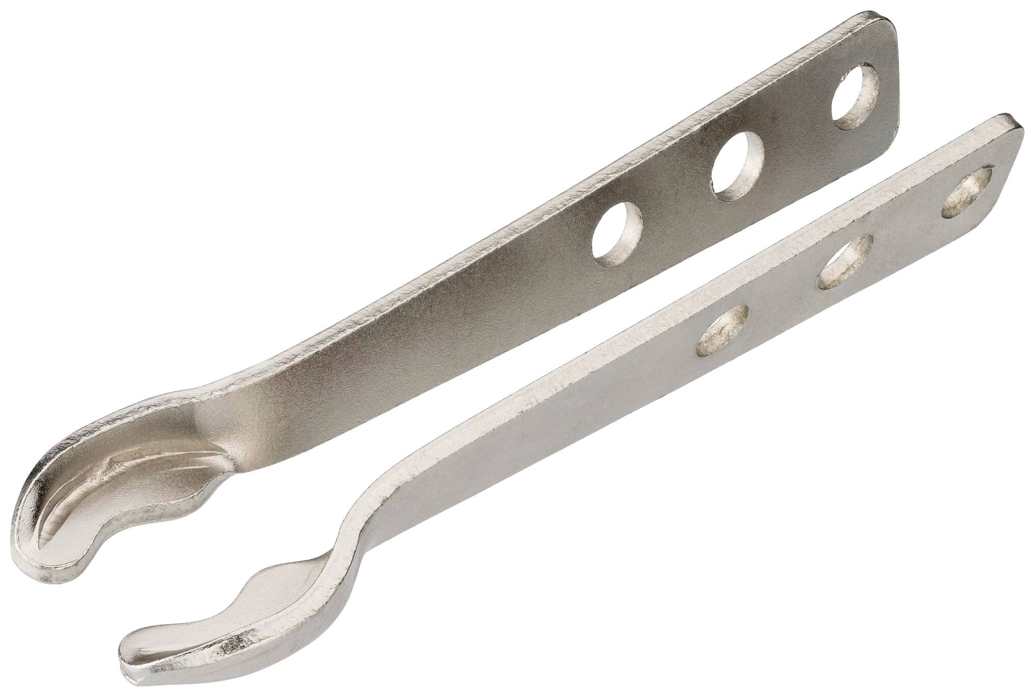 Metal fixing bracket with a curved and flat side, each with three holes for attachment to surfaces.