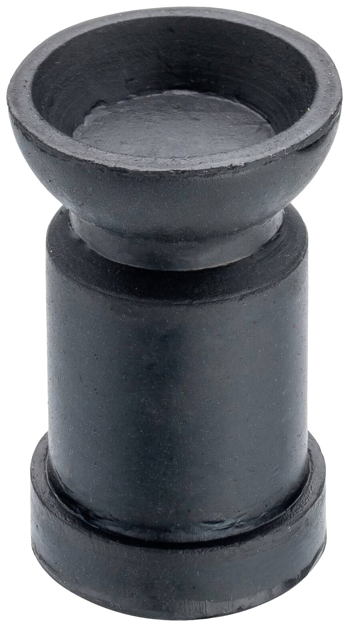 A black, cylindrical wooden chess piece with a bowl-shaped top. It stands upright against a neutral background.