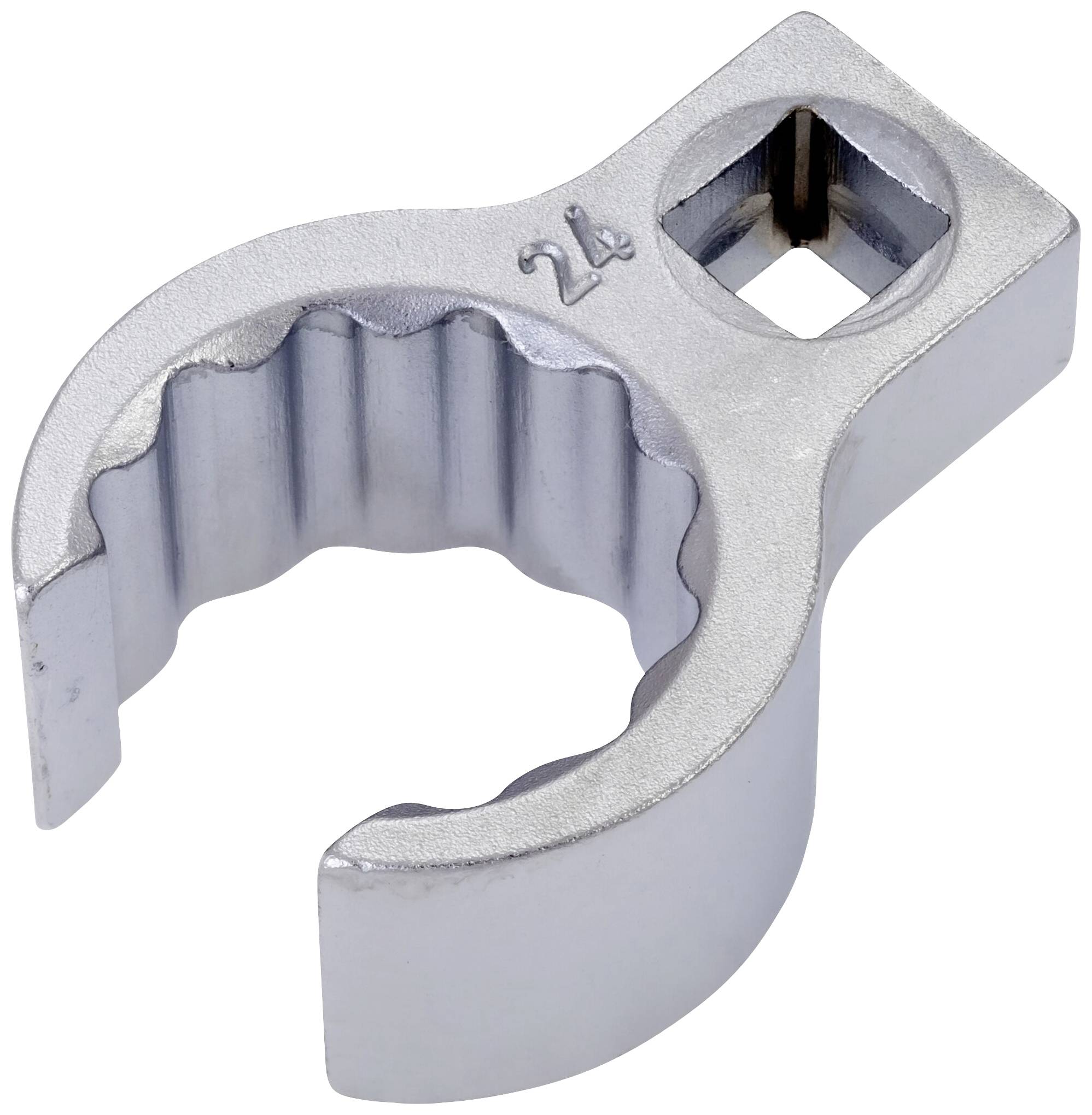 A chrome-plated adjustable spanner with a knurled inner surface and 24 mm size, suitable for tightening or loosening nuts and bolts.