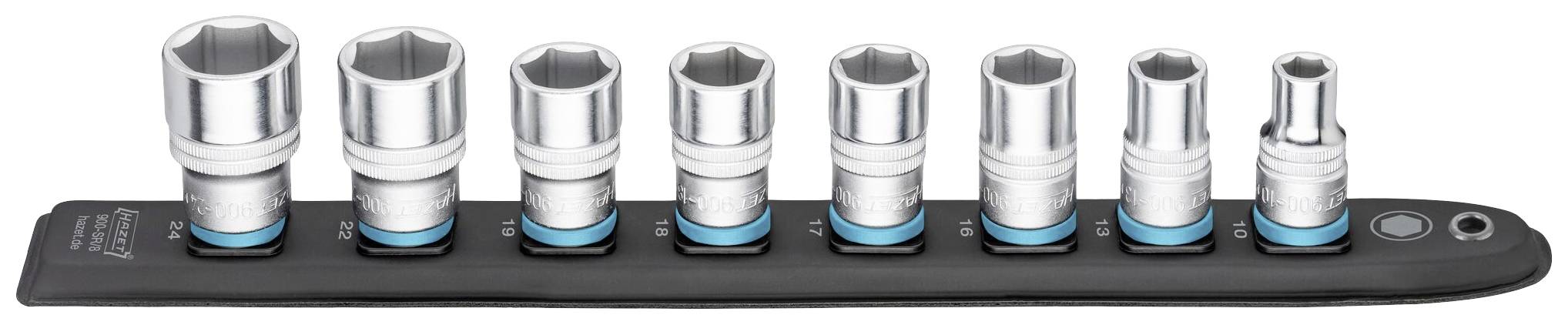Set of eight nuts of various sizes, arranged on a holder. They are made of metal and have blue markings.