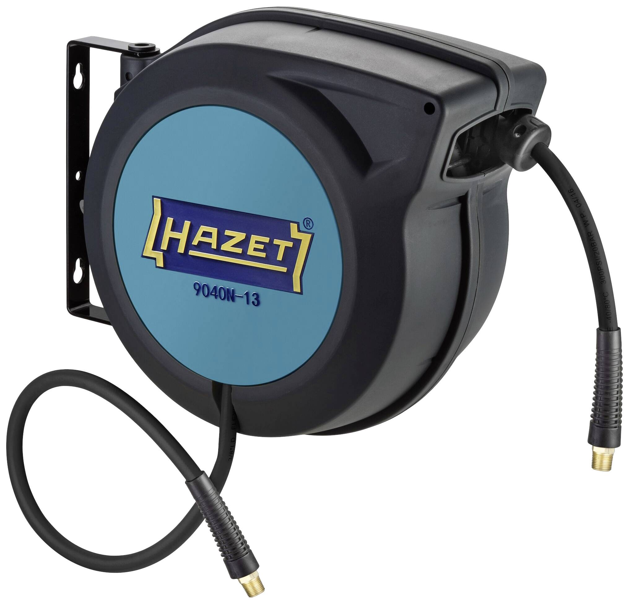 Automatic hose reel by Hazet, Model 9040N-13, wall-mounted with extendable hose and quick-connect fittings.