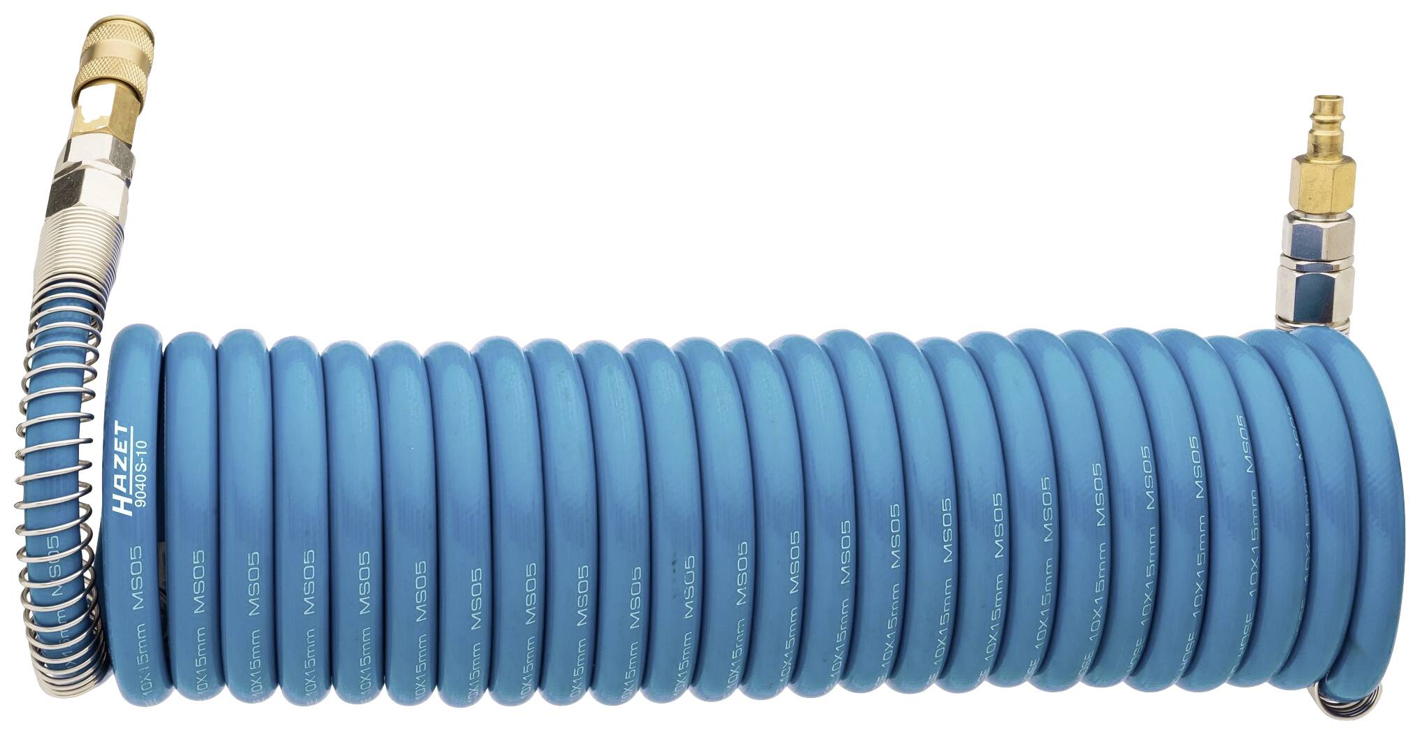 Blue, spiral-coiled compressed air hose with fittings at both ends. The material is durable and flexible.