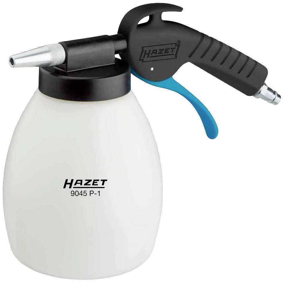 Compressed air sprayer with pivoting spray head, ergonomic handle and blue activation. 'Hazet 9045 P-1' brand on white container.