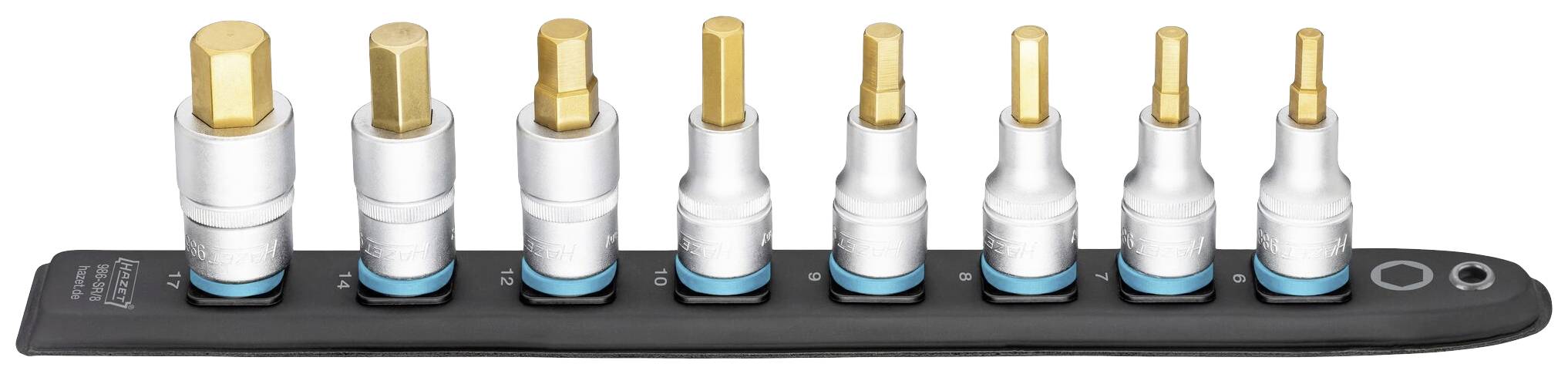A set of gold-coloured bit attachments in various sizes, arranged on a black holder, suitable for screw-related work.