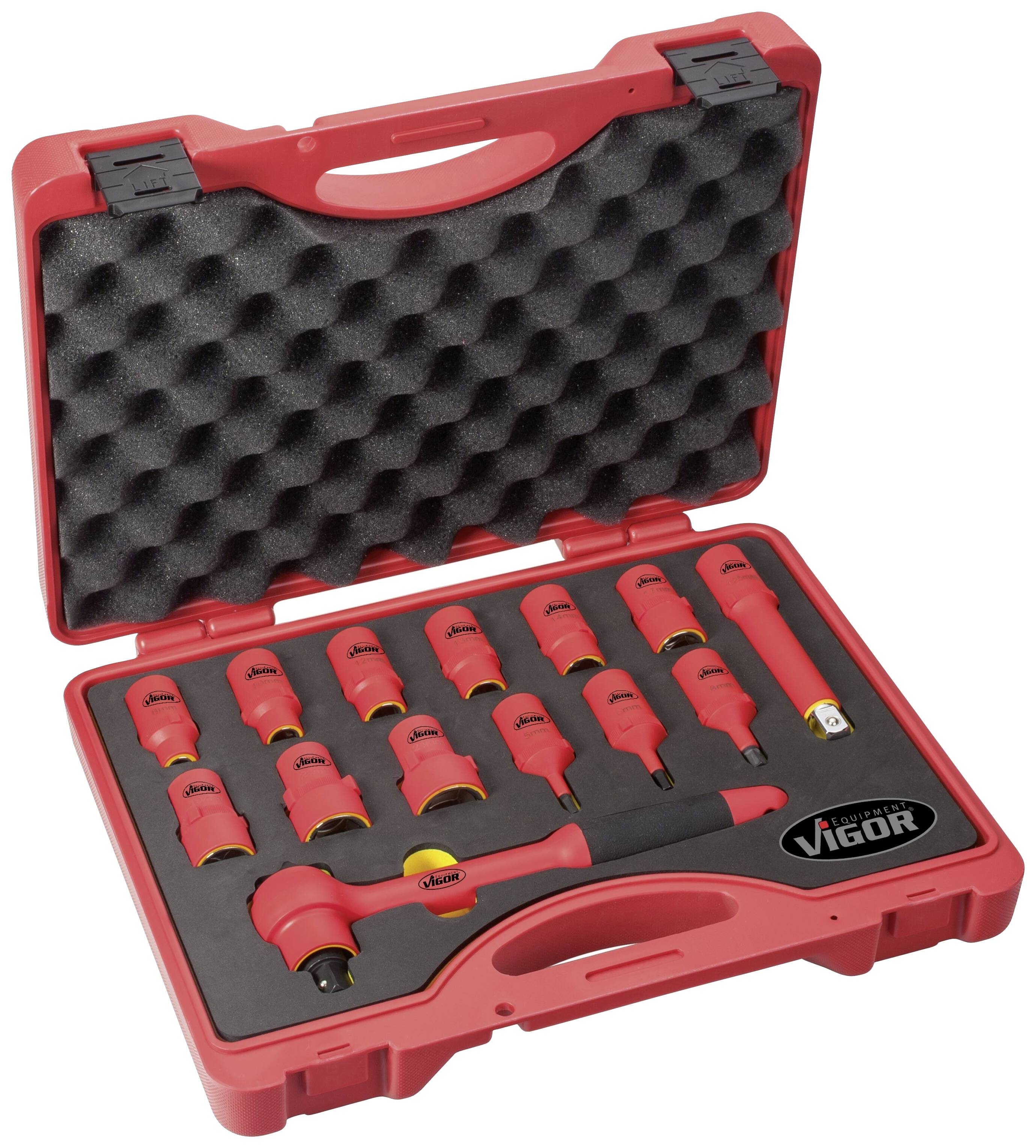 Red case with 12-piece socket wrench set on black foam. Contains various socket sizes and a ratchet.