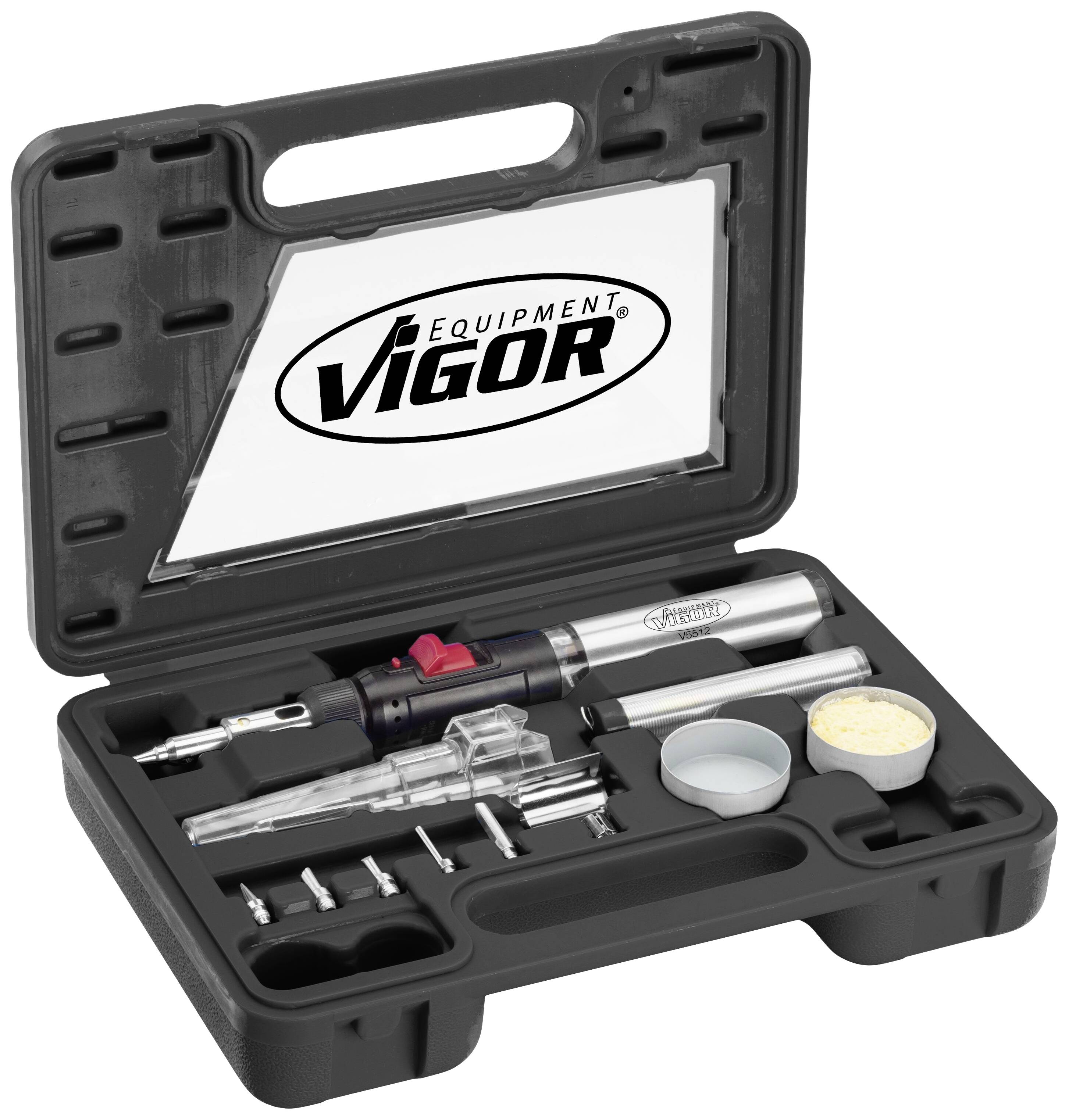 An open plastic case contains a gas soldering iron and accessories such as nozzles and small sponges. The case bears the 'VIGOR' logo.