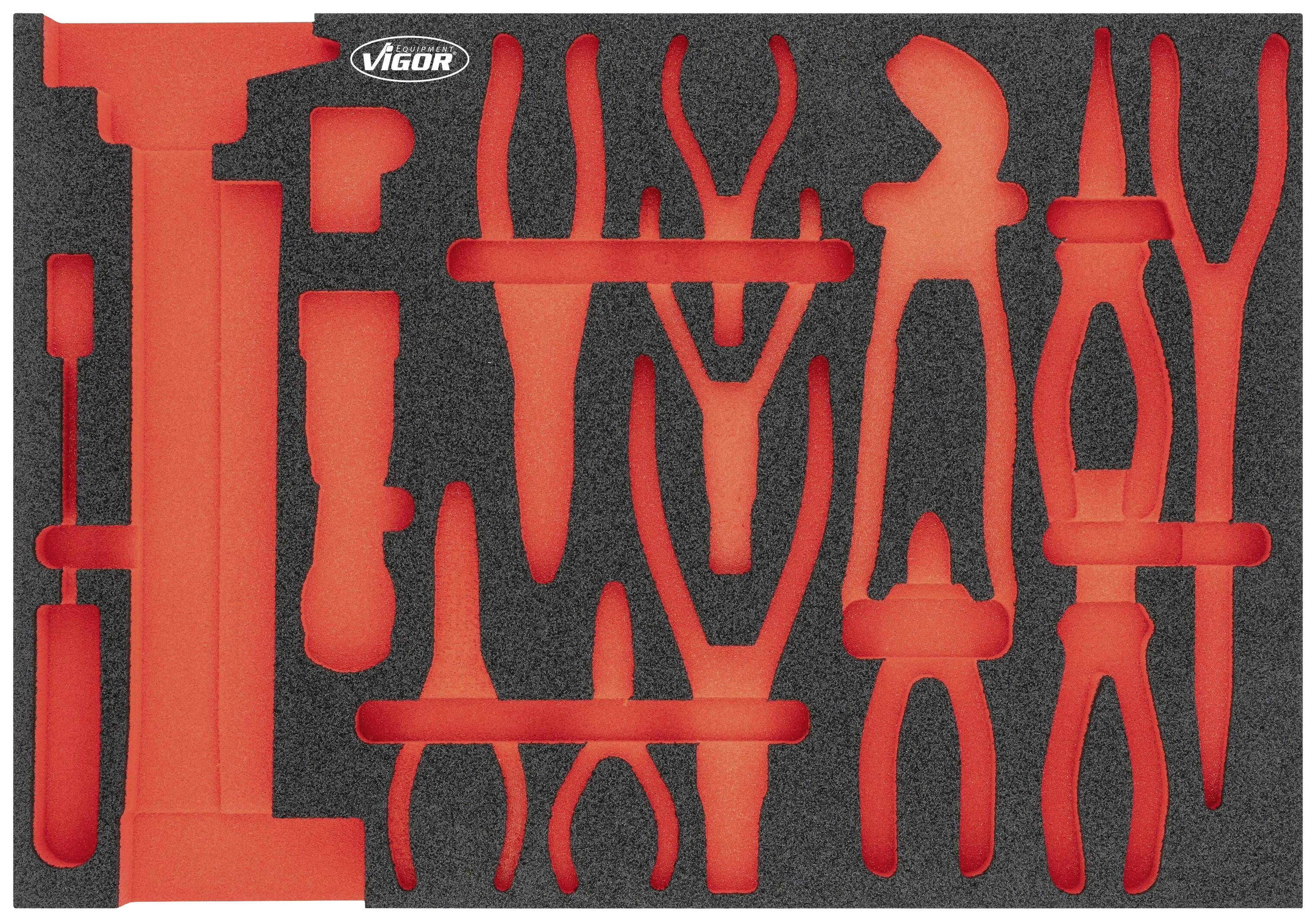 Foam insert for toolbox with recesses for various pliers and screwdrivers, black-red.