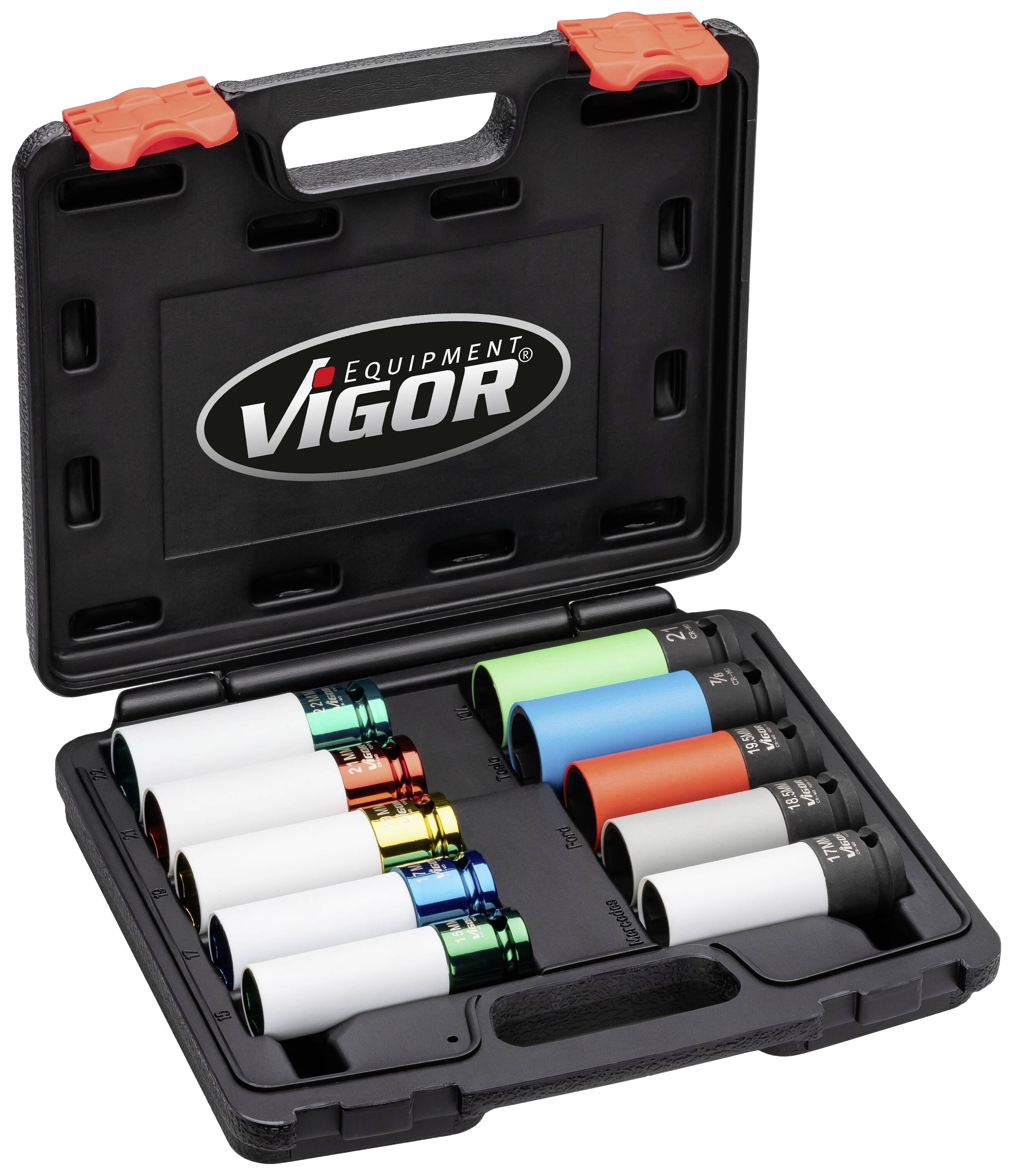 Tool case with colourful special wheel nuts. Contains nine nuts in various colours and sizes in a VIGOR case.