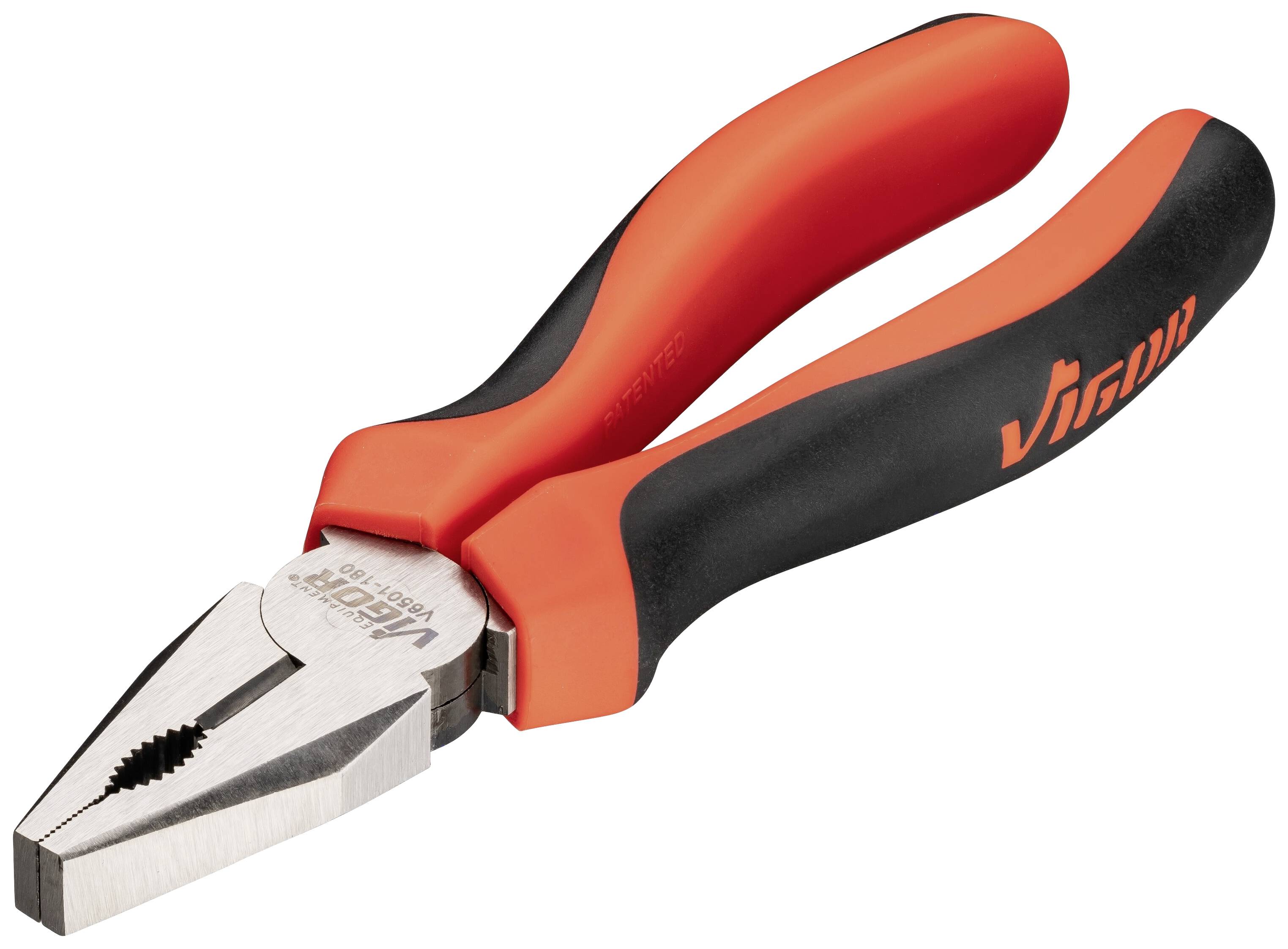 A red and black combination pliers with serrated jaws, suitable for gripping and cutting tasks.
