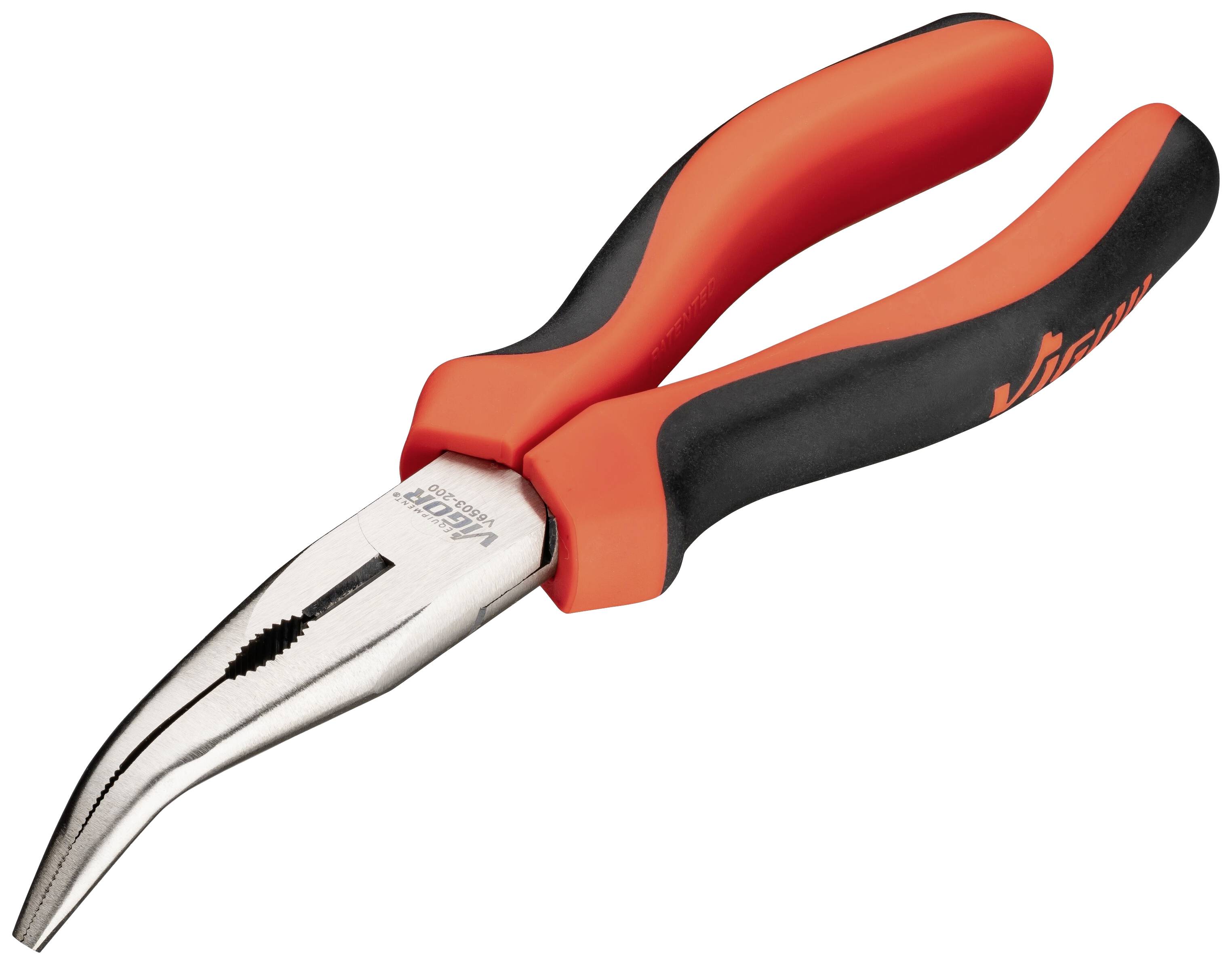 A curved long-nose pliers with orange and black handles, suitable for precise work in hard-to-reach areas.