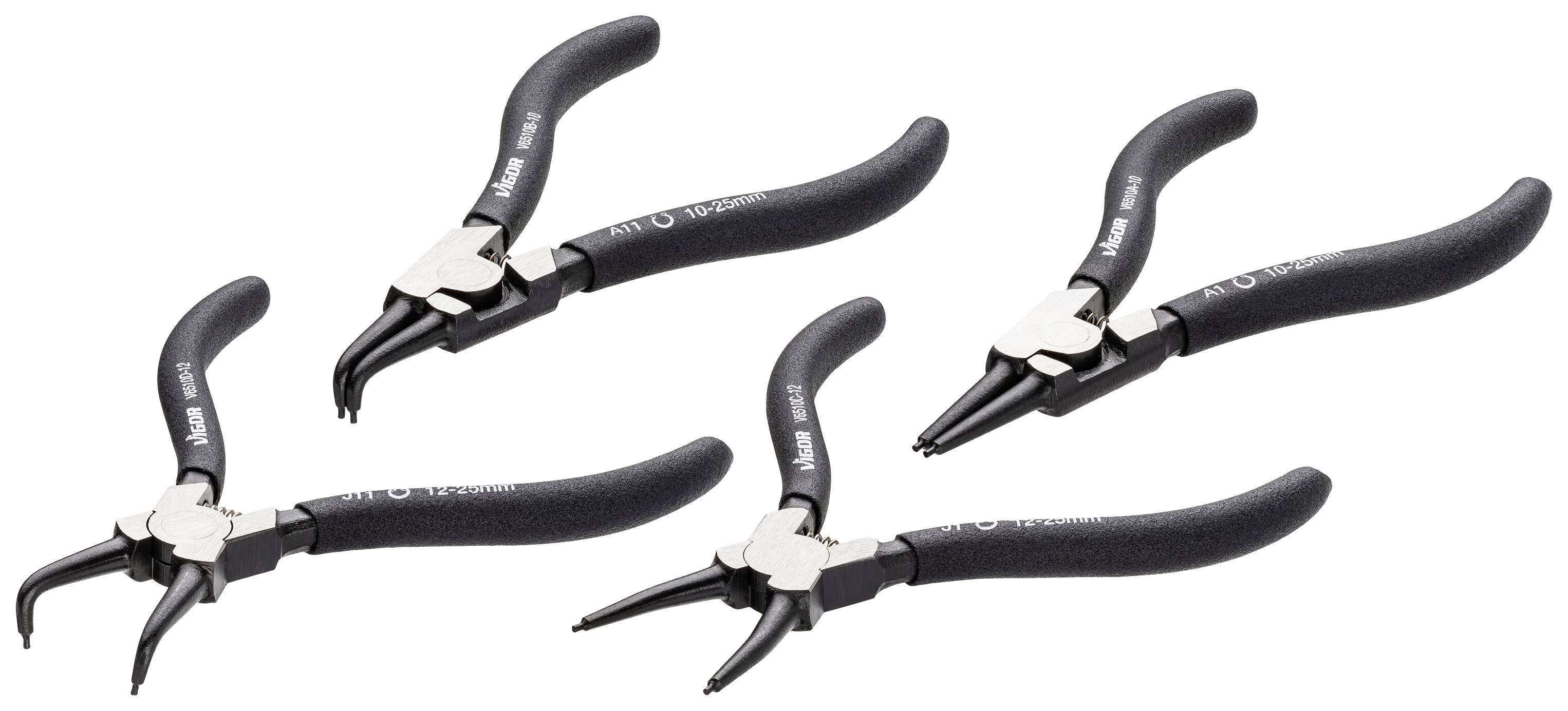 Four black snap ring pliers with curved and straight tips are lying side by side. They are tools for holding rings.