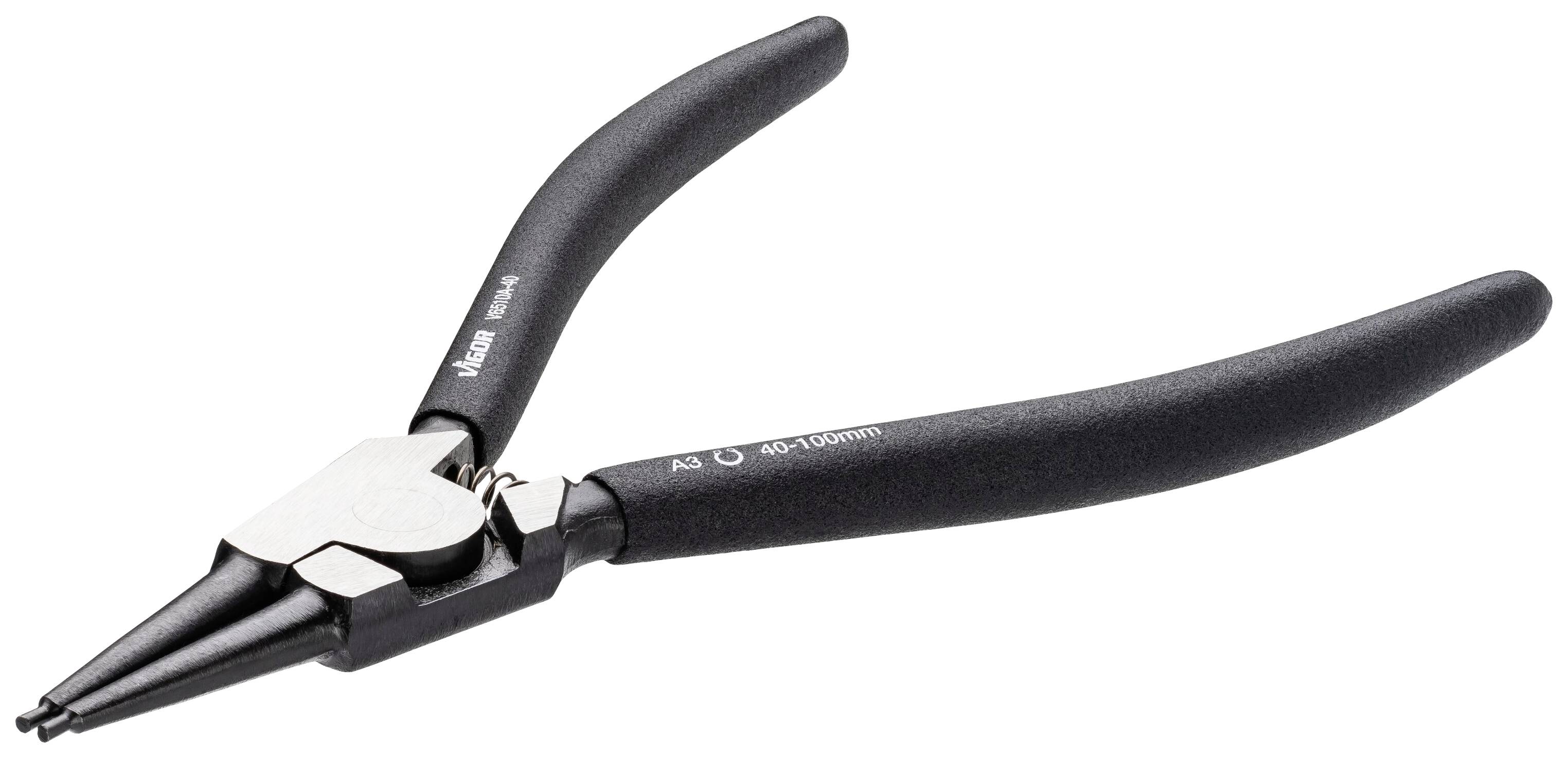A black circlip pliers with narrow, angled tips, suitable for installing or removing retaining rings.