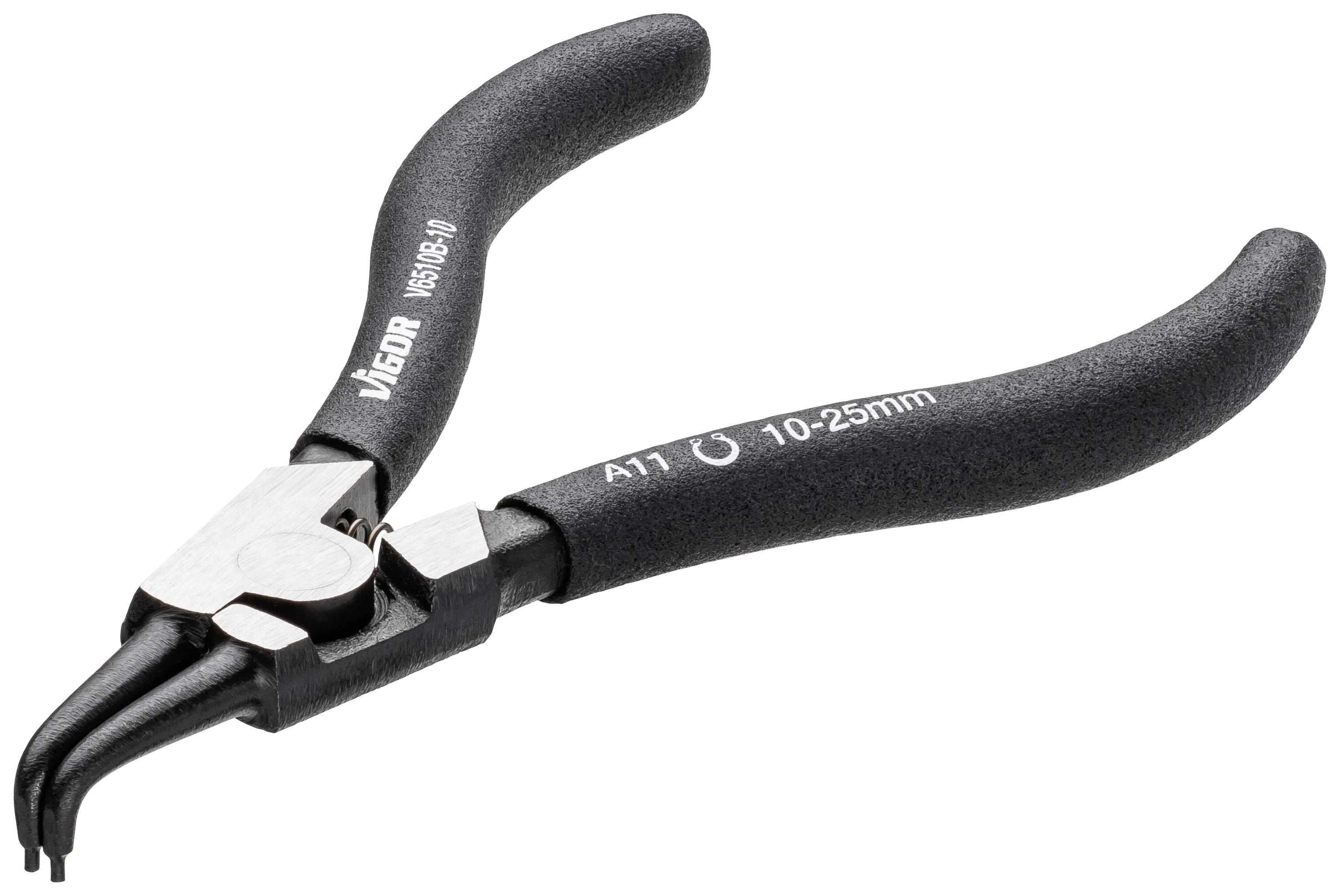 A black, curved circlip pliers with metal tips, suitable for circlips from 10-25 mm, on a white background.