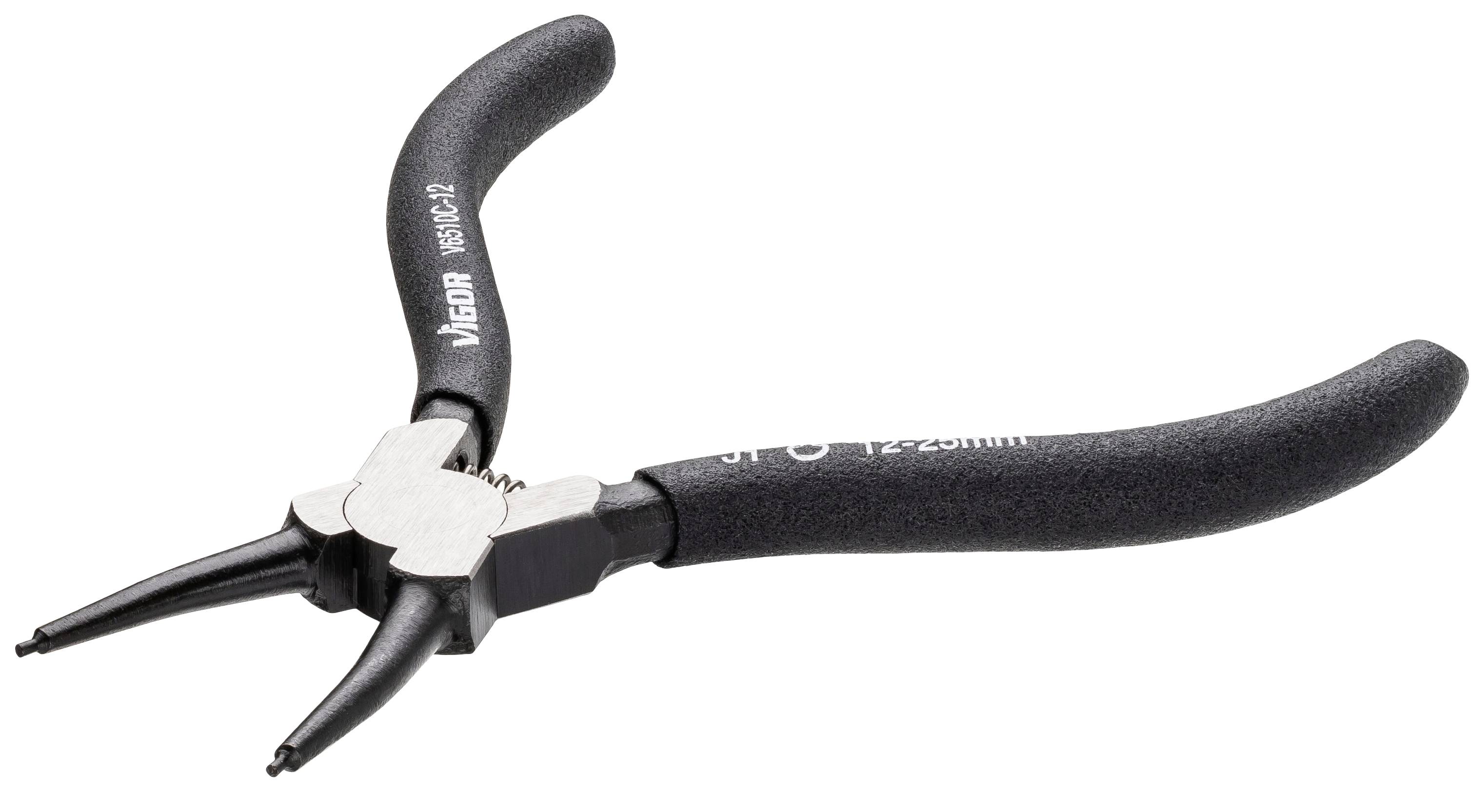 Black pointed pliers with curved handles, suitable for precise gripping and manipulation of small parts.