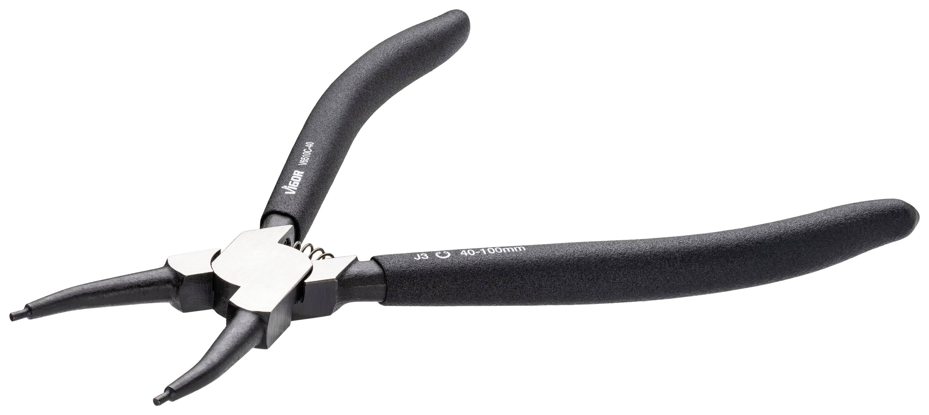 A black pair of pliers with curved tips, suitable for gripping or cutting. The tool has ergonomic handles.