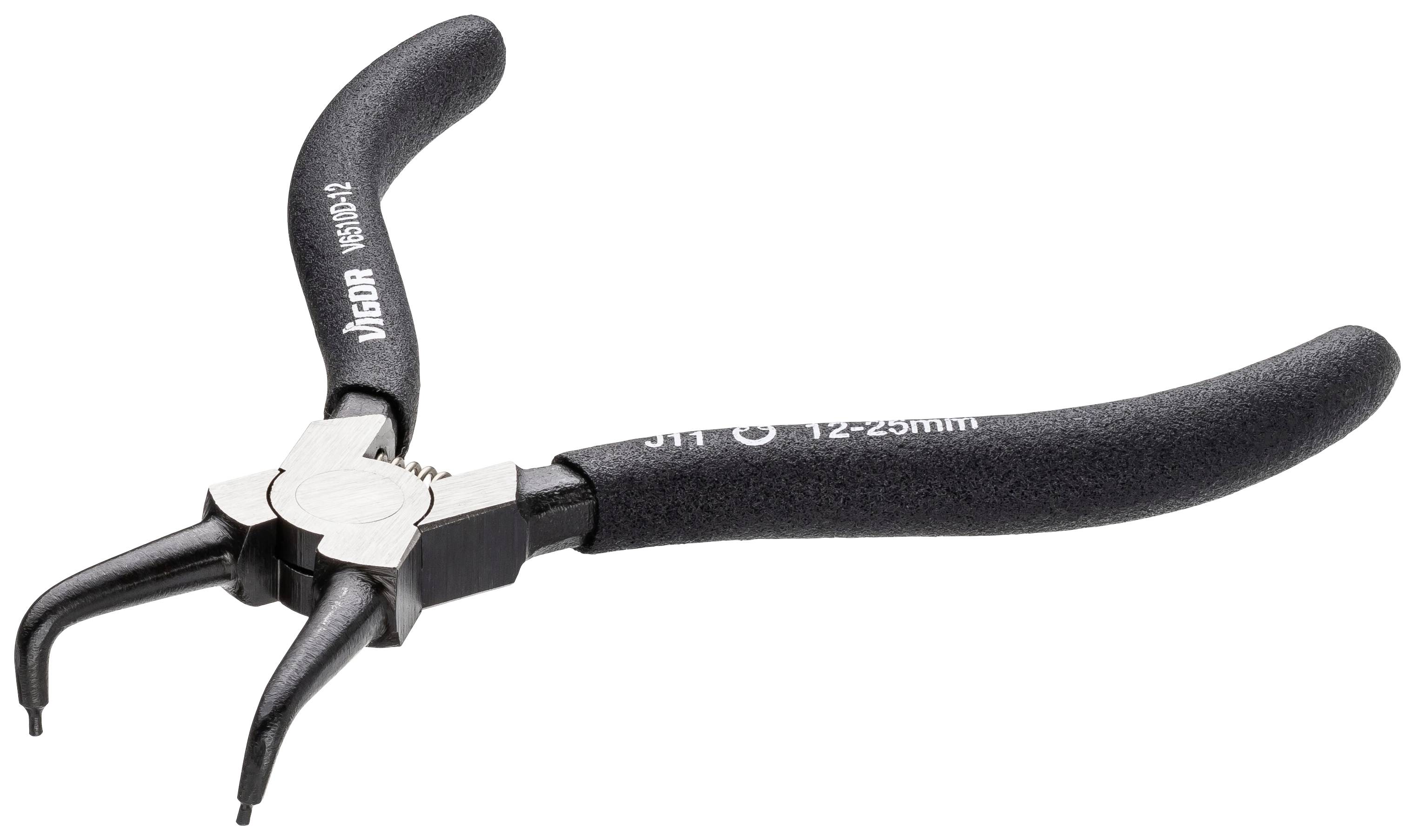 A black circlip pliers with curved handles and two pointed ends, used for removing retaining rings.