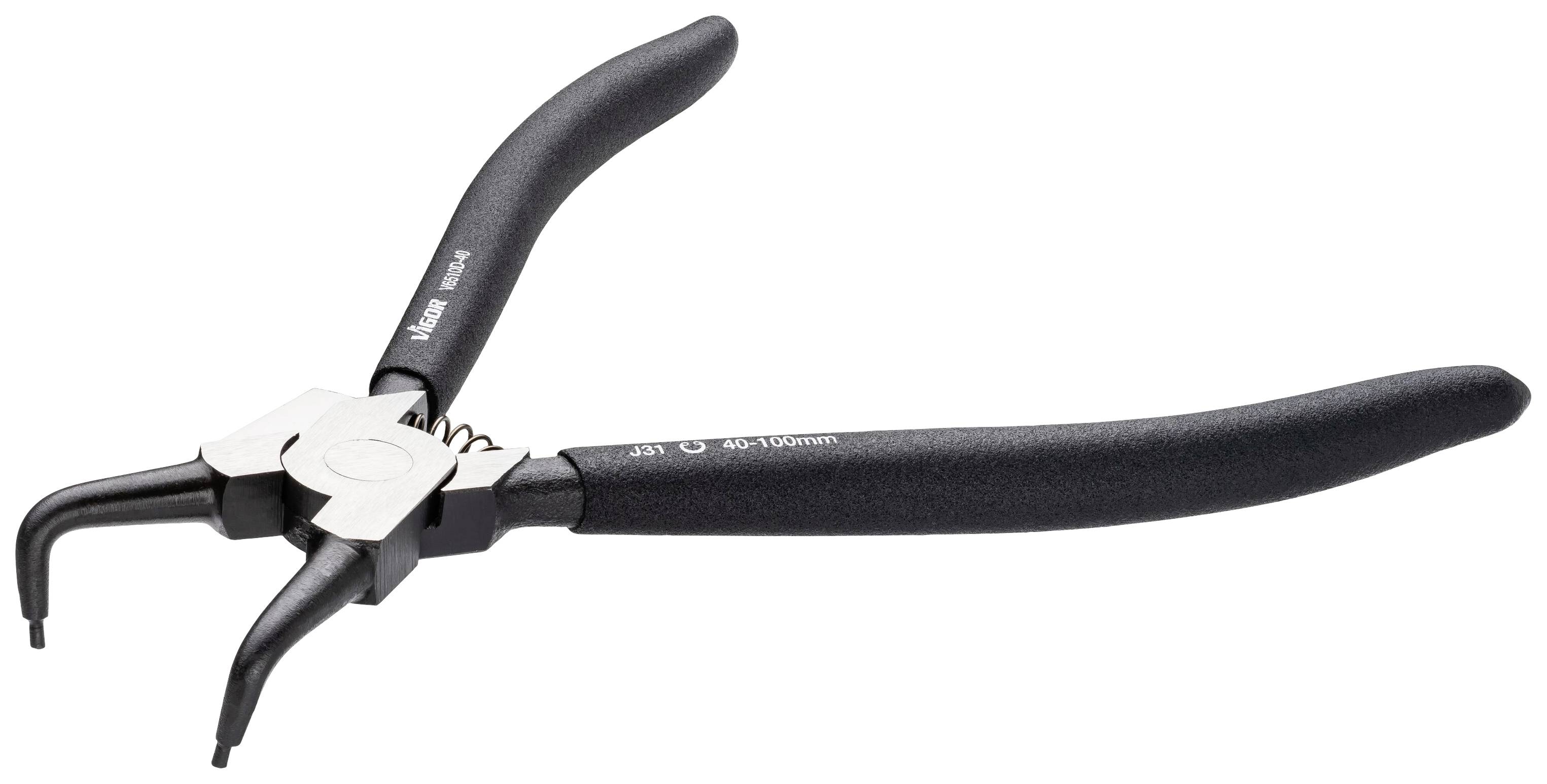 Black snap ring pliers with curved tips and metal handle, used for assembly work in mechanics or electronics.
