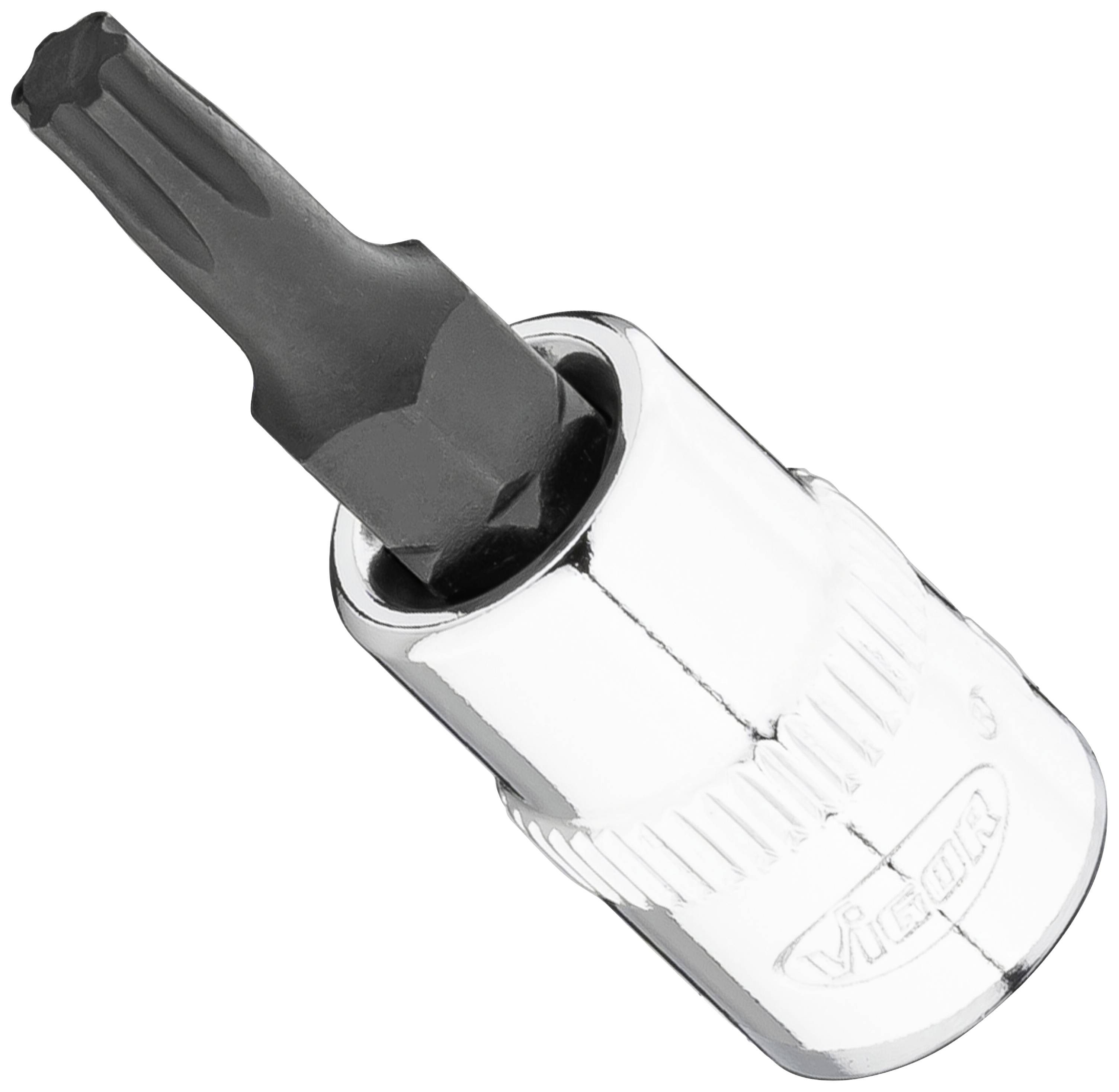 Screwdriver bit with Torx head, silver-coloured metal, black end. Common tool in mechanics and electrical work.