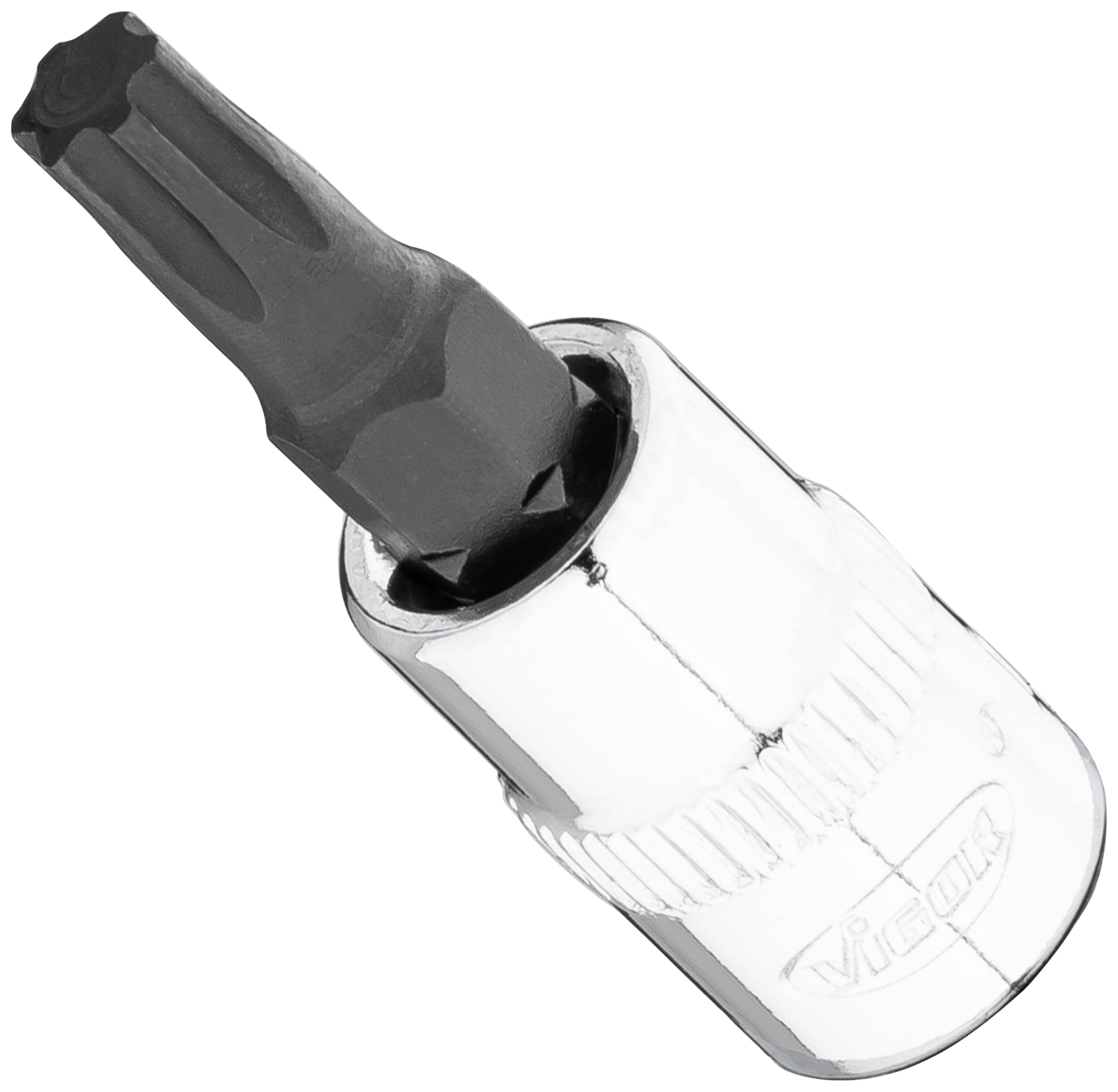 Silver and black screwdriver bit for Torx screws, with the inscription 'Vigor' on the metal casing.