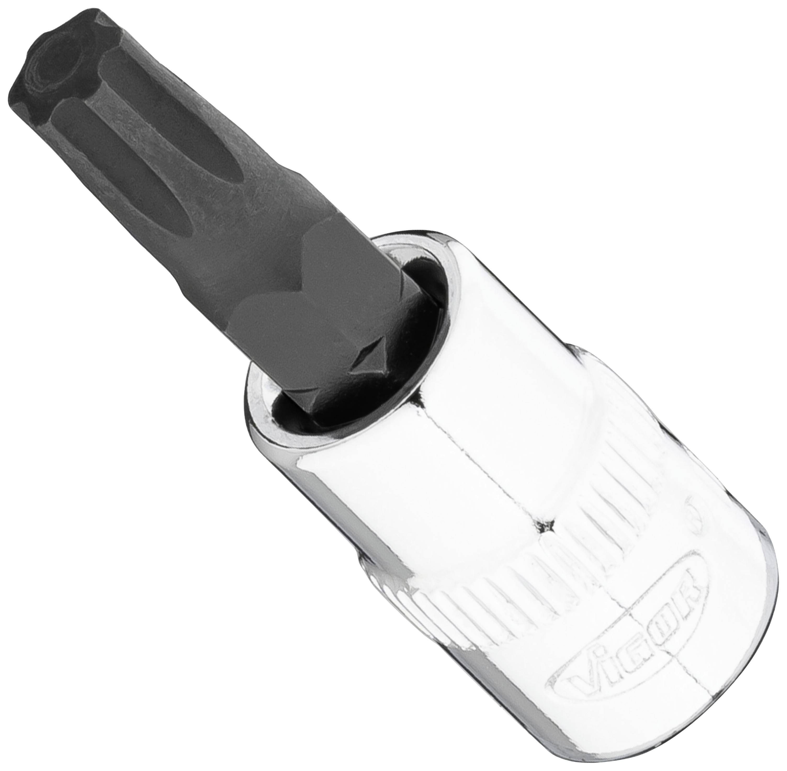 Metal Torx bit adapter, primarily black with a silver-coloured base, for screwdriving tools.