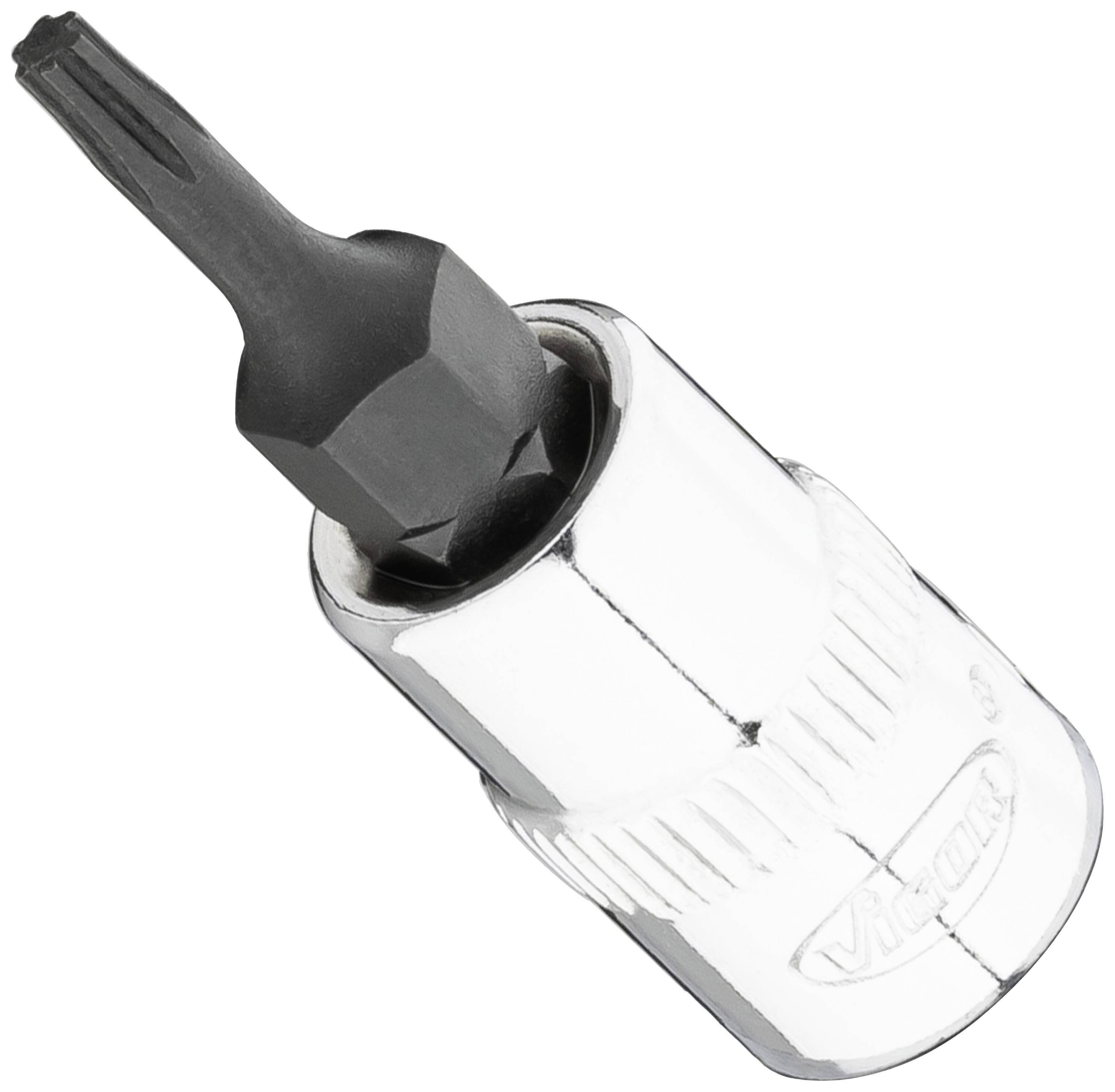 Screwdriver bit with a silver metal sleeve and black tip, suitable for Torx screws, isolated on a white background.
