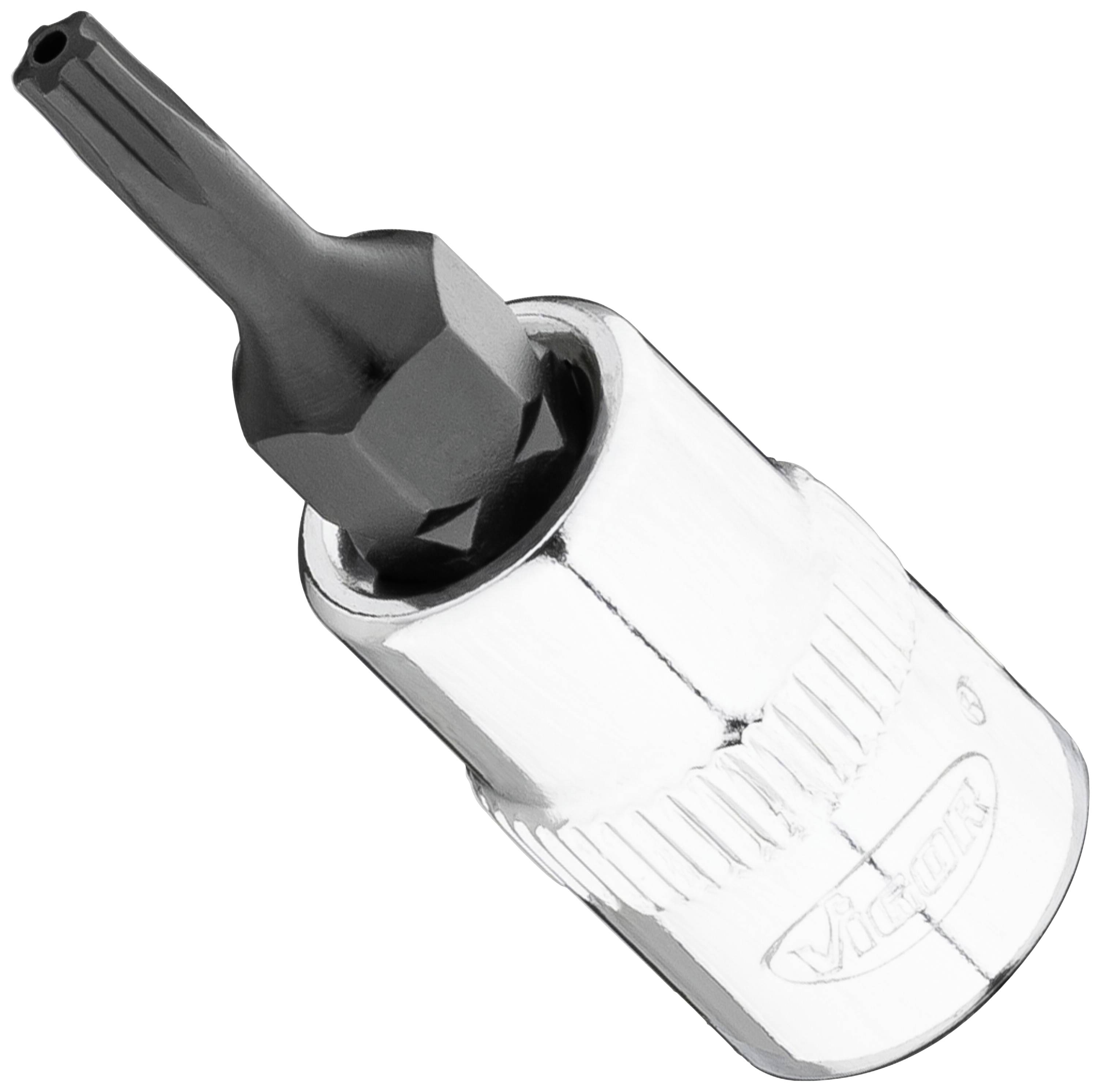 A silver socket adapter with a black Torx bit, suitable for screw work.