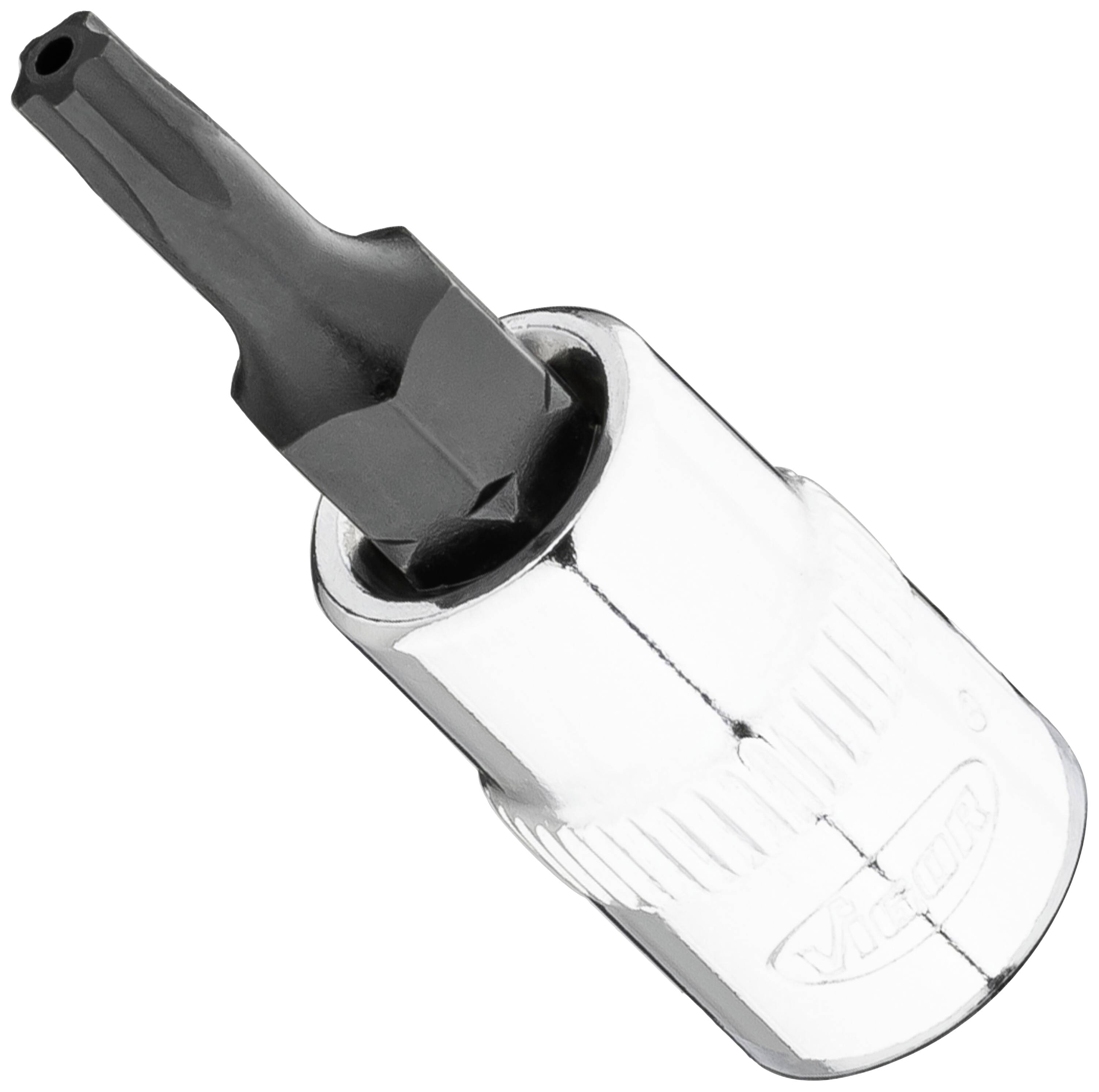 Black Torx bit insert with silver metal sleeve, photographed at an angle.