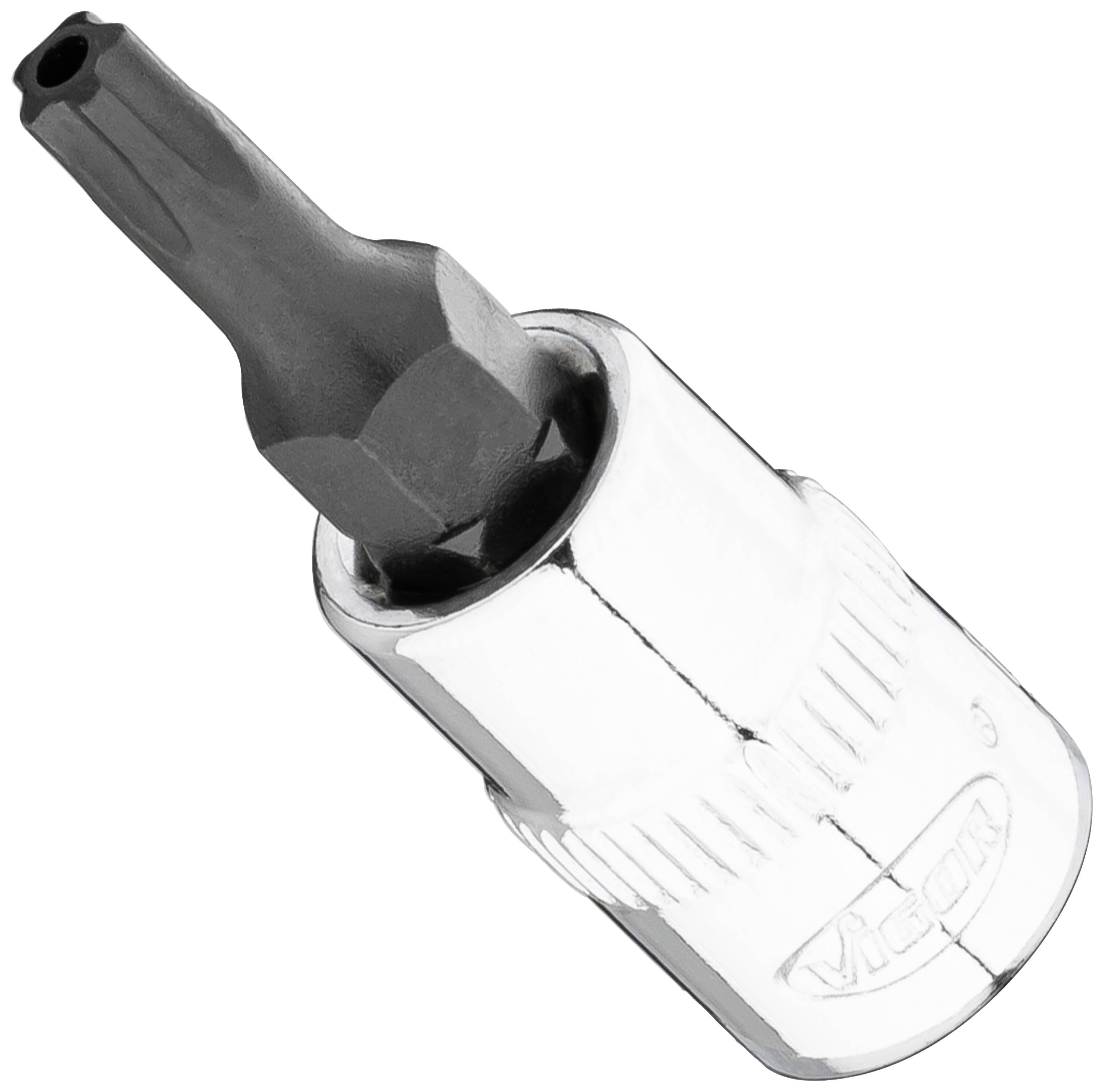 A silver Torx bit with a black head, suitable for mechanical work or use with a ratchet.