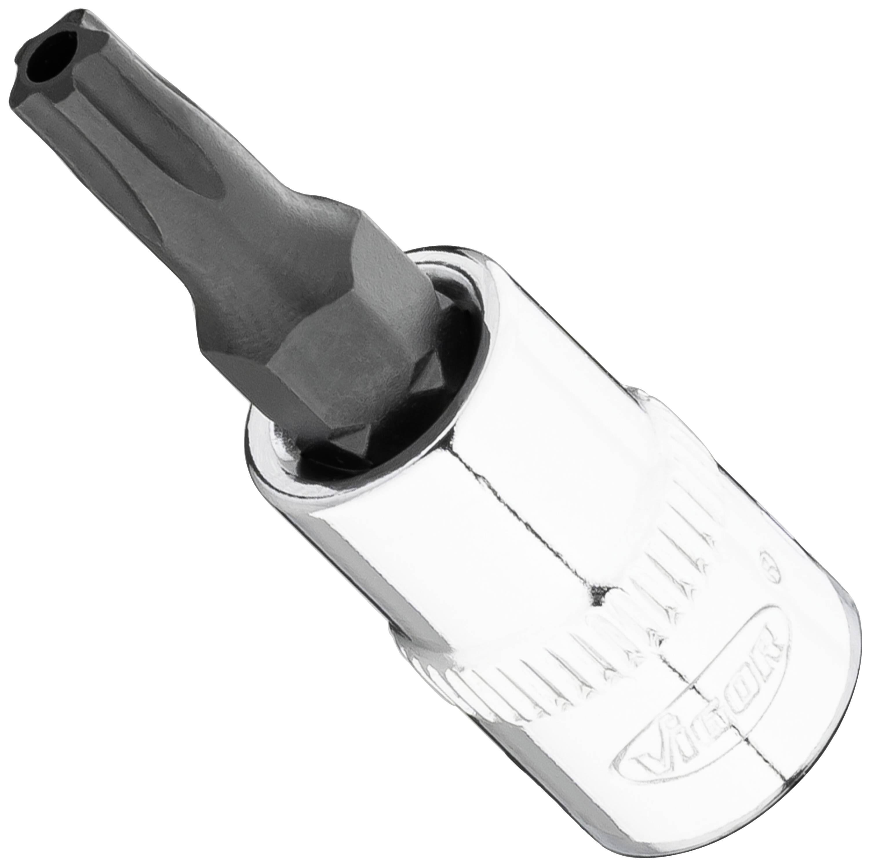 Hexagonal bit attachment in silver with a black tip, set against a white background. Suitable for screw-related work.