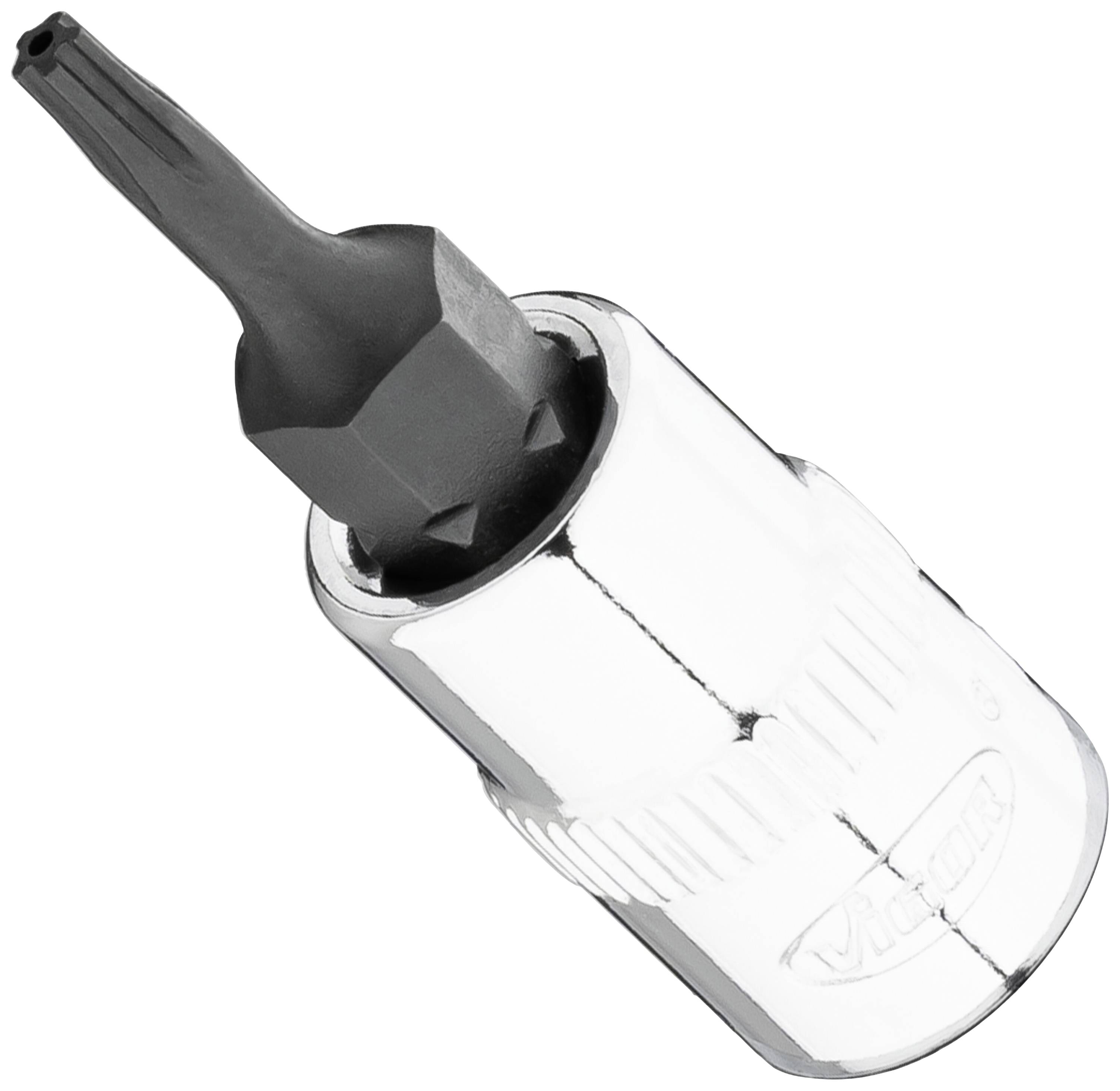 A hexagonal bit adapter with a black Torx head and silver hexagonal shaft. Suitable for use with ratchet tools.