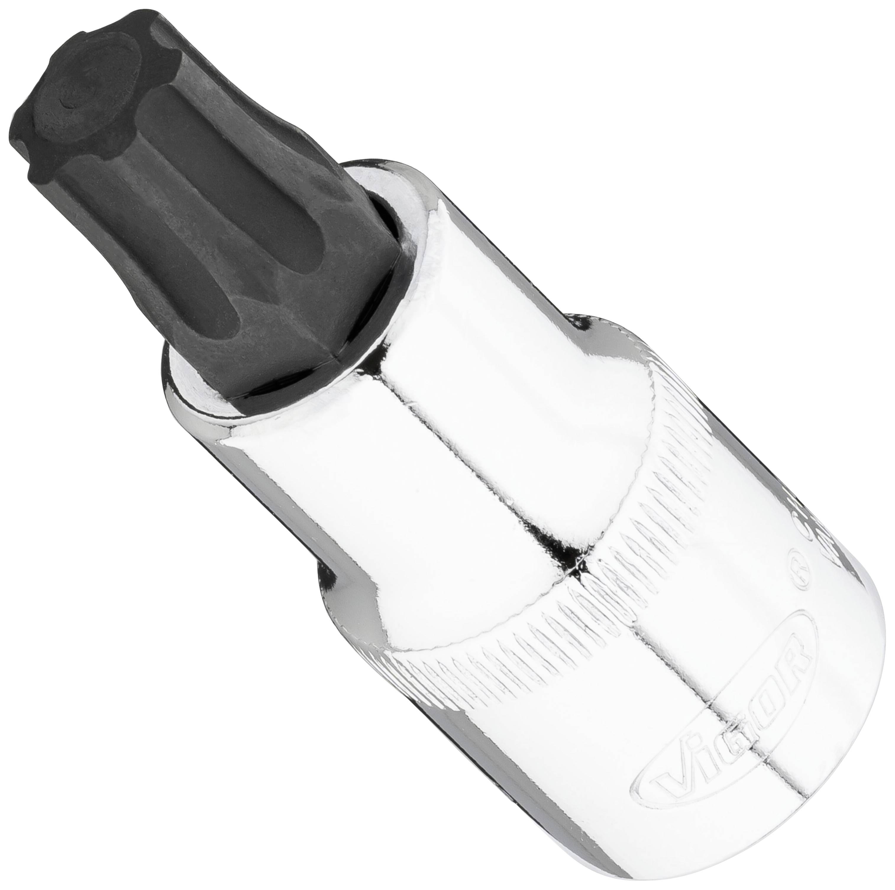 A silver socket insert with a black inner piece, suitable for specific screw types. Brand name visible on the side.