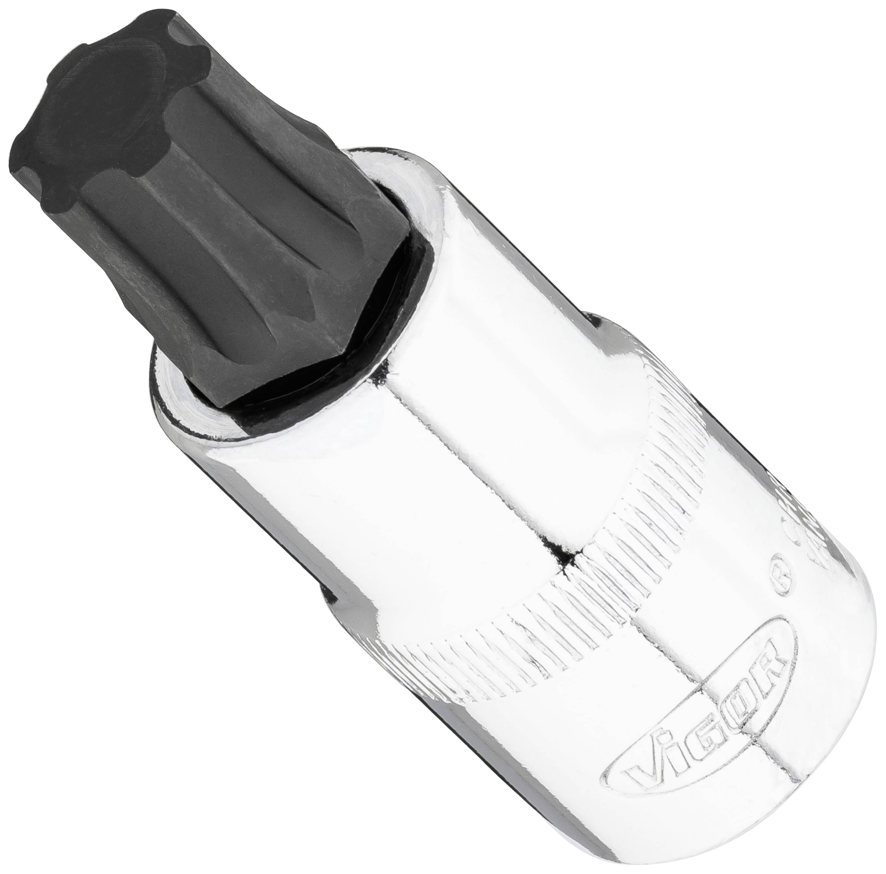 Screw bit with Torx head and silver hexagonal socket for insertion into a screwdriver or drill.