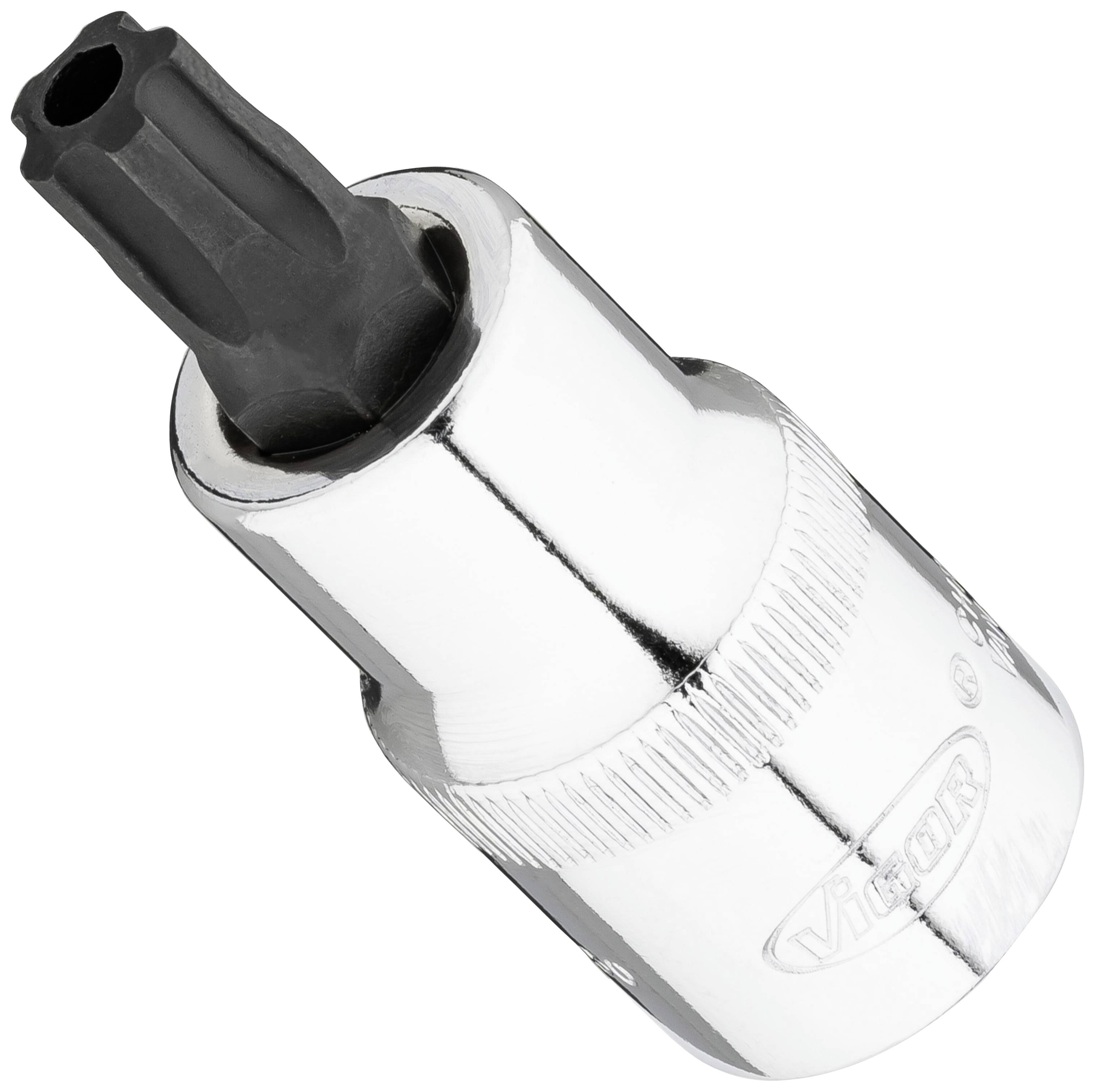 Small, metallic chrome-coloured socket key insert with a black, star-shaped bit.
