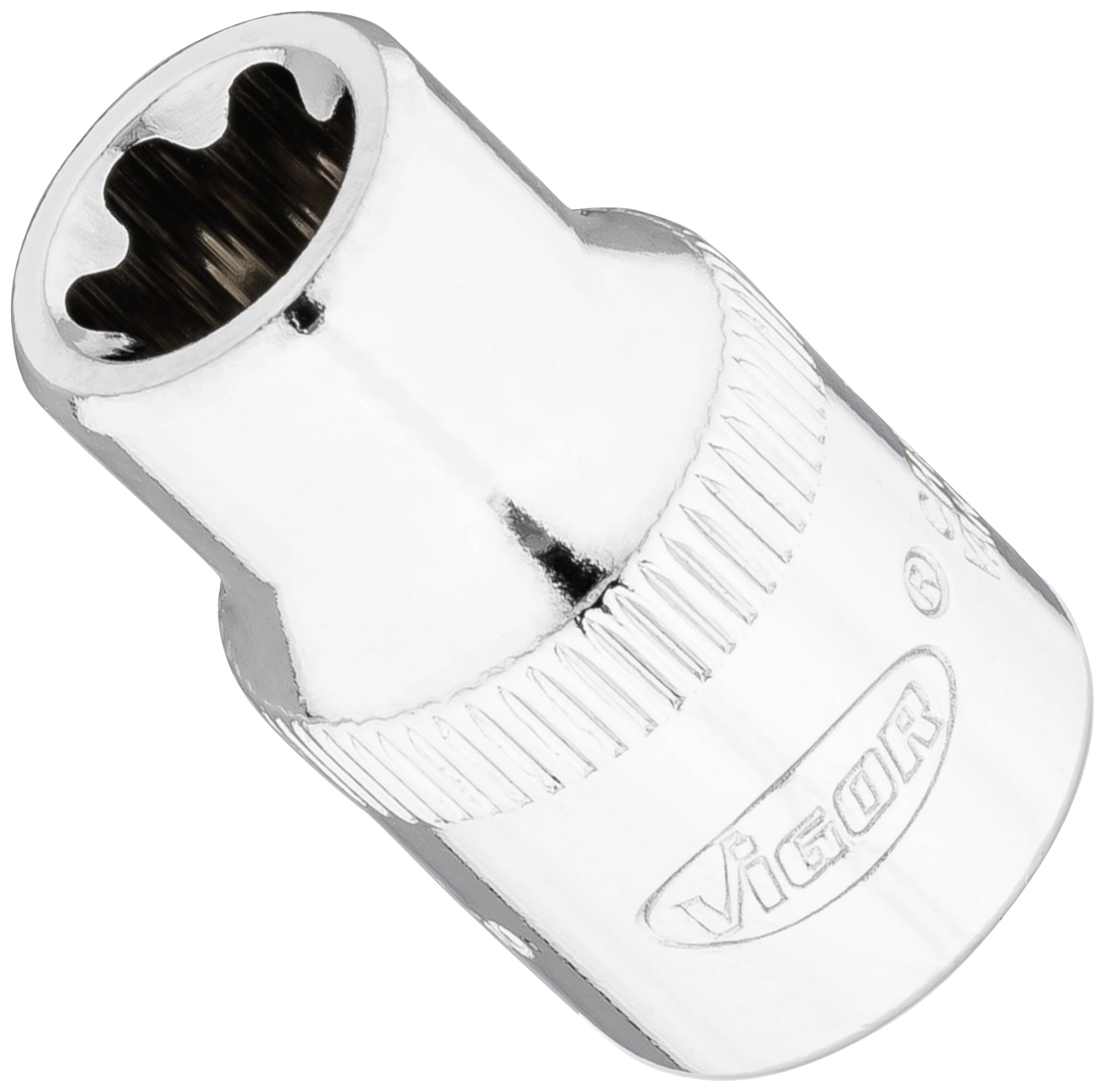 A silver hexadecagonal socket from the 'Vigor' brand, manufactured from gleaming metal.
