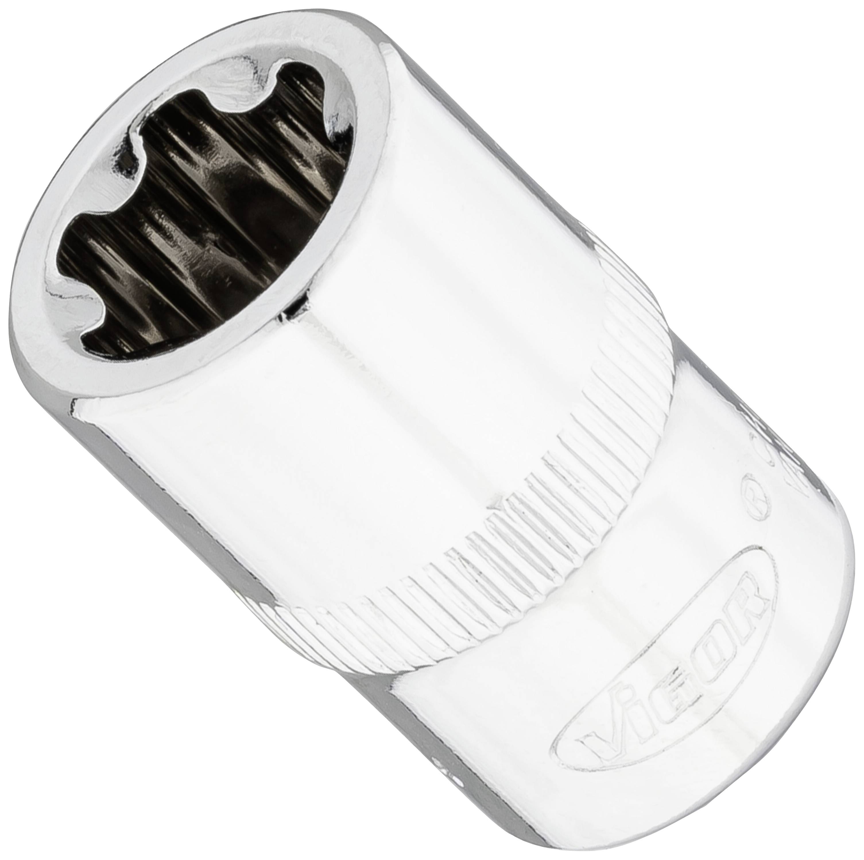 A chrome-coloured socket nut in cylindrical form, positioned horizontally. It is frequently used in socket wrench tools.