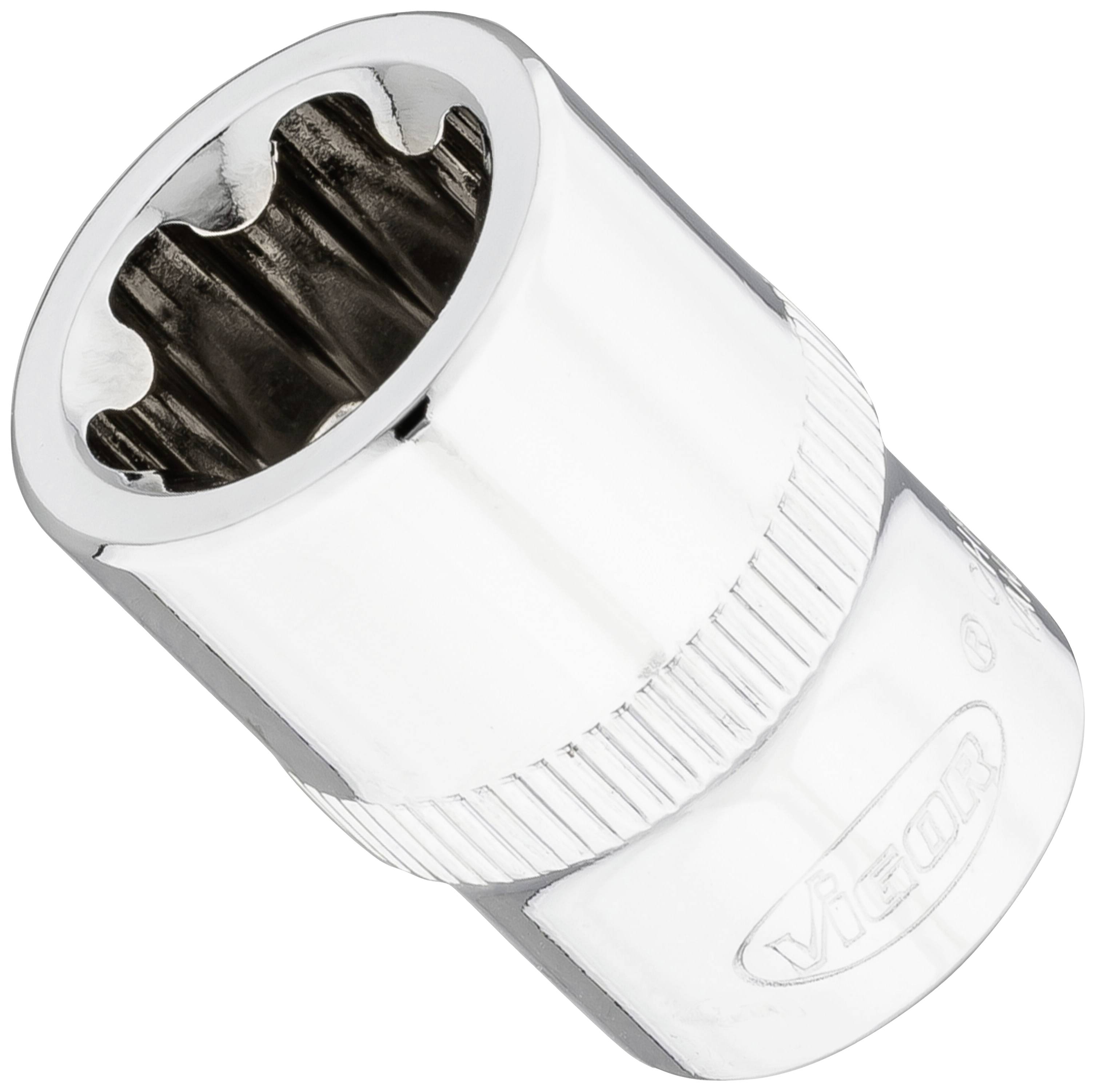 Metallic socket wrench with a twelve-point opening, silver-coloured, suitable for fastening work.
