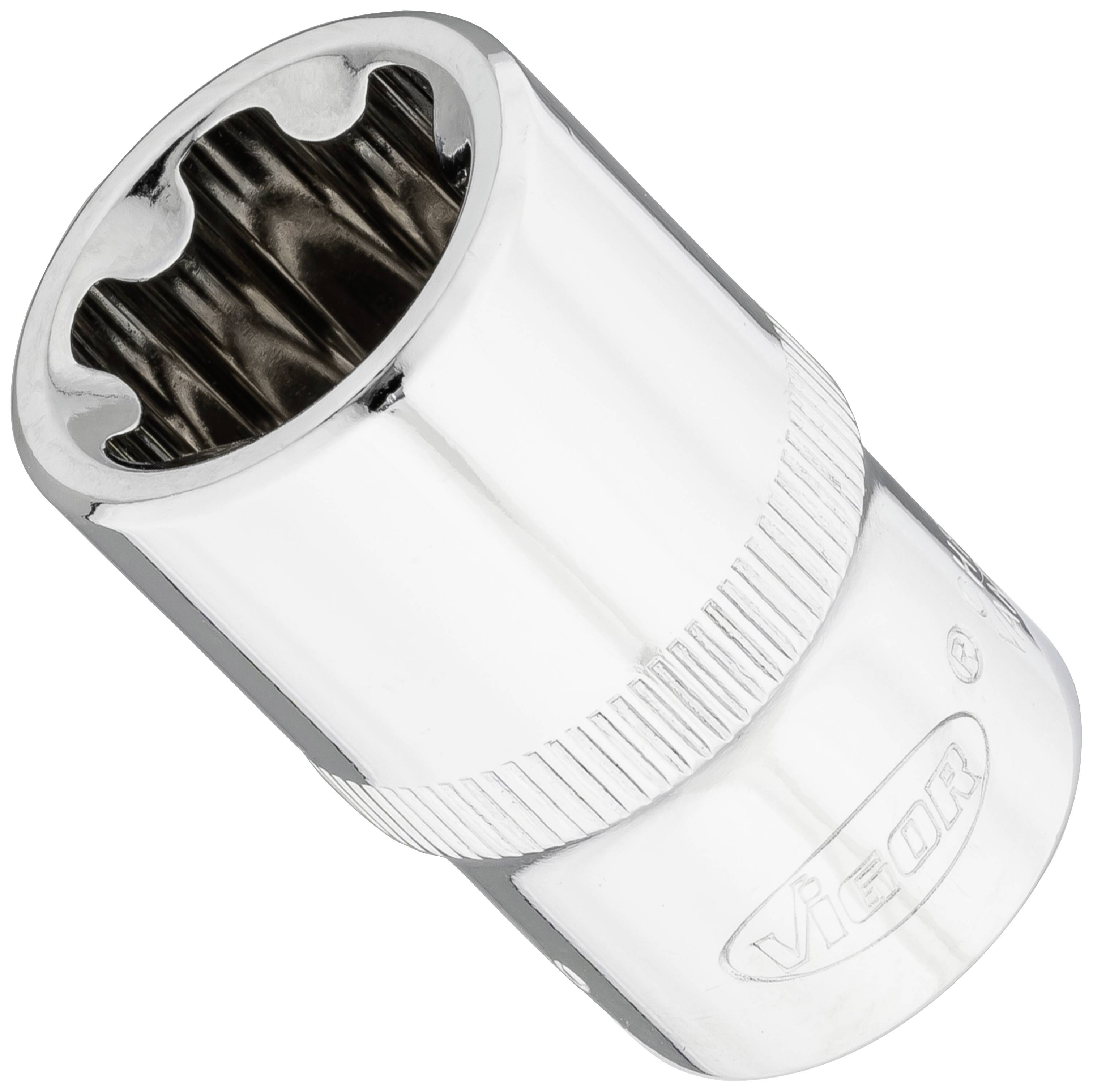 A metallic socket with knurling to increase grip, shiny and cylindrical, for use with a spanner.
