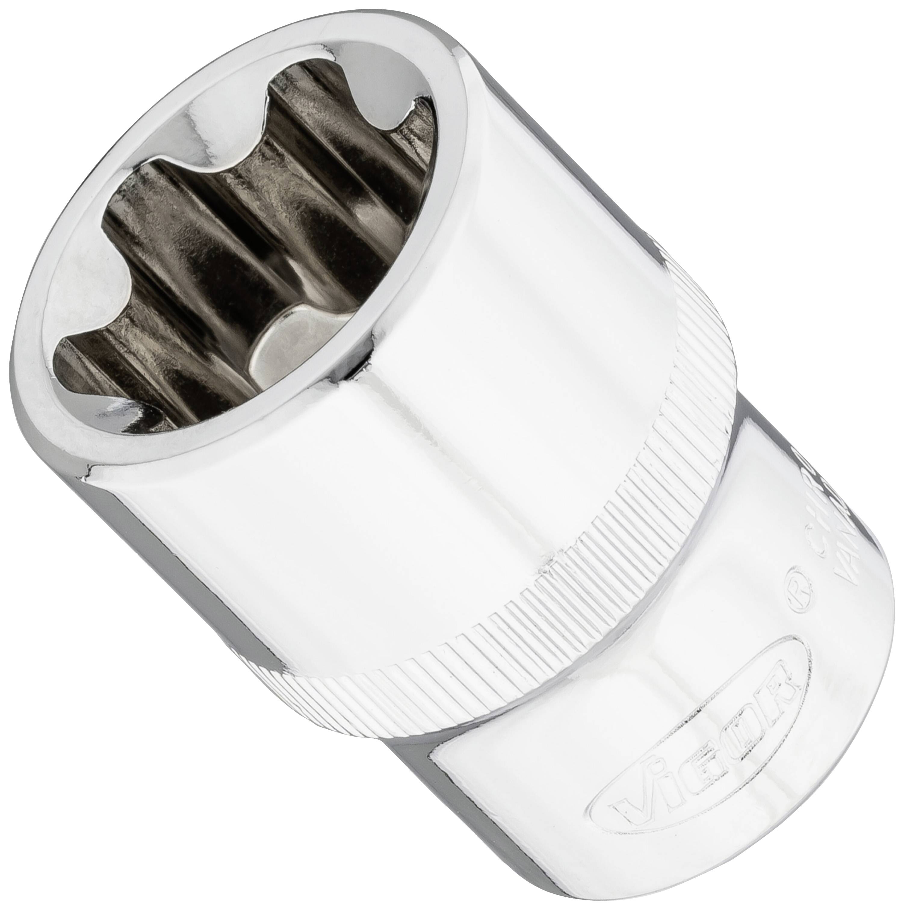 Pictured is a shiny six-sided metal socket with a knurled grip, suitable for use in hand or electric tools.
