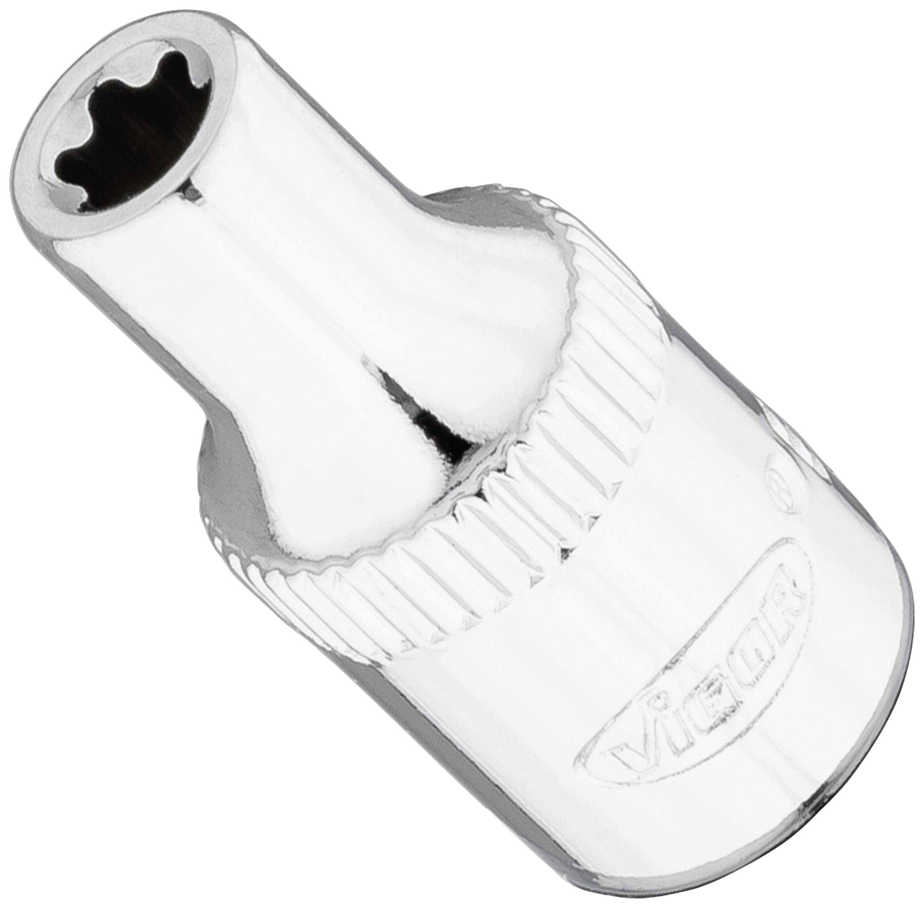 A chrome-plated socket attachment with a knurled surface and an embossed manufacturer's logo.