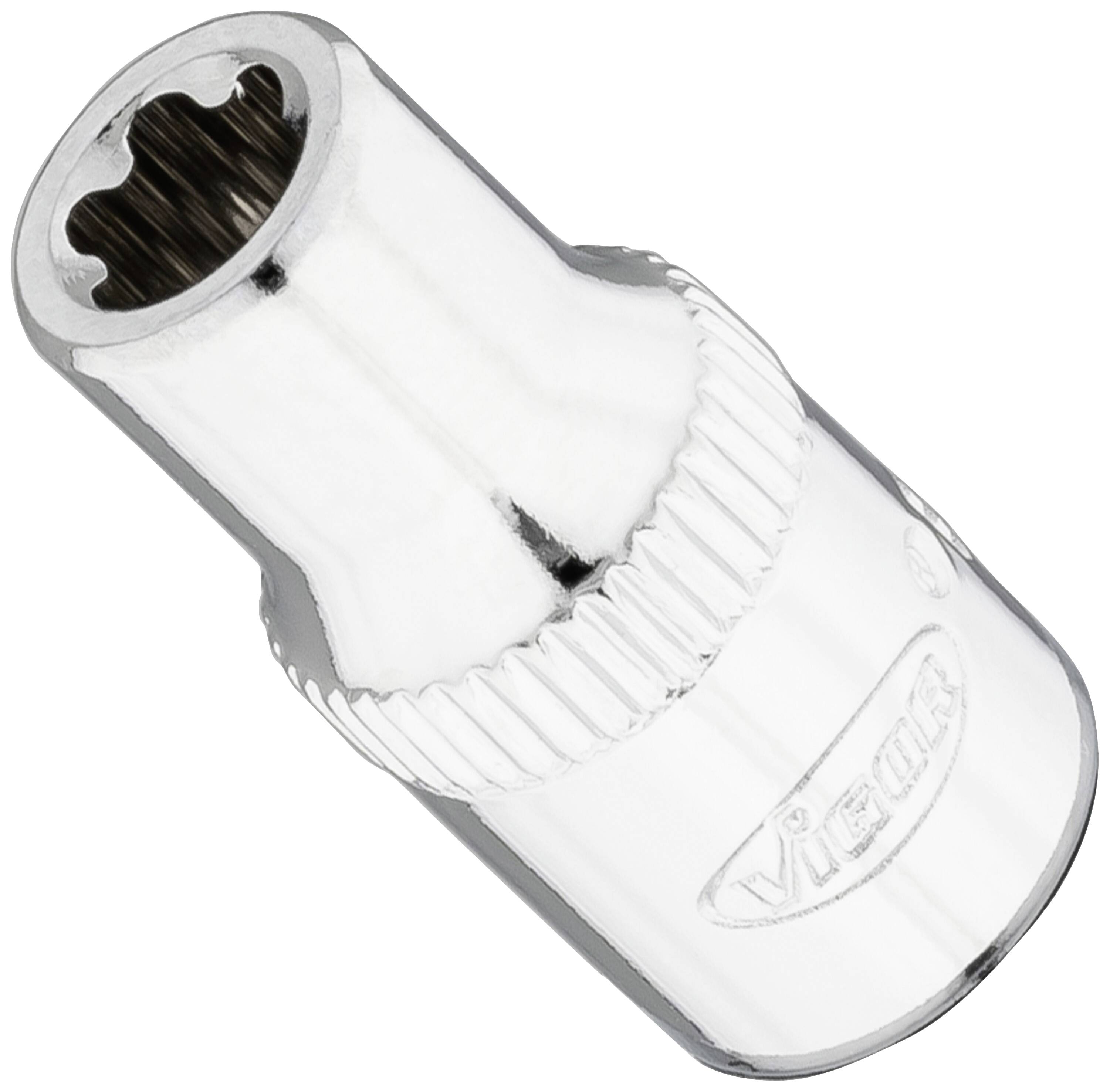 Silver metallic socket spanner with a knurled grip, suitable for use in mechanical applications.