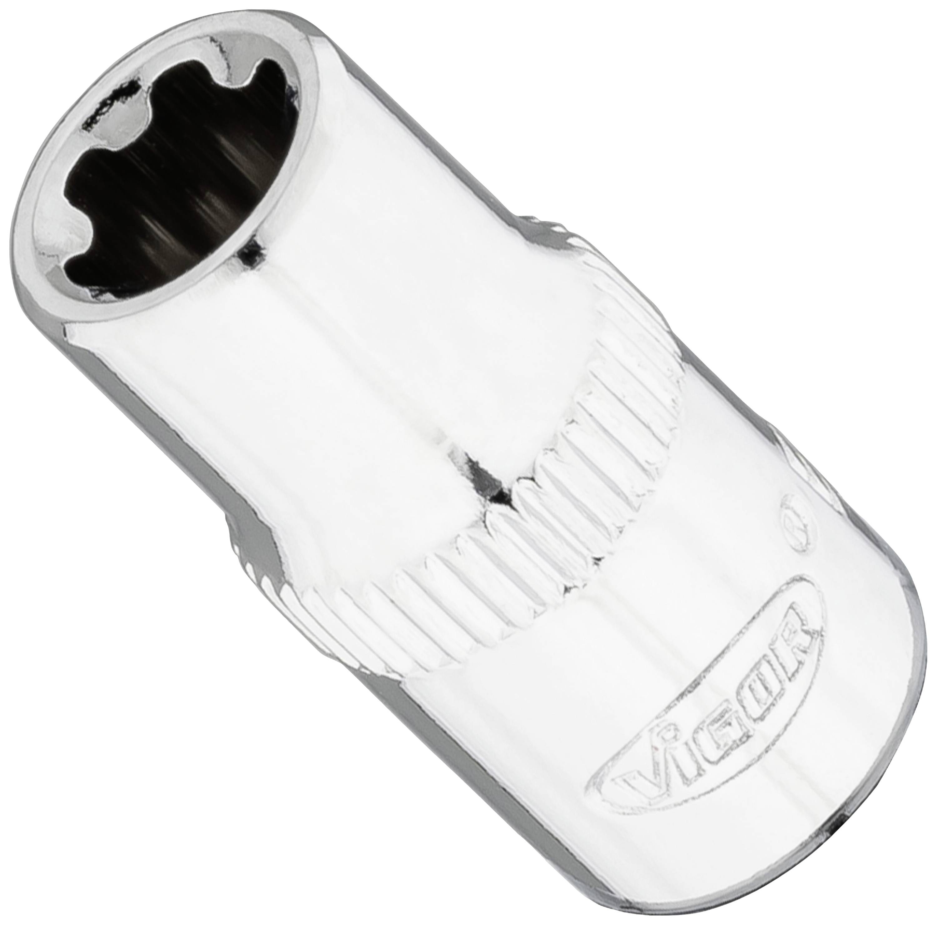 A silver-coloured socket key attachment with a ridged surface and the inscription 'VICOR'.