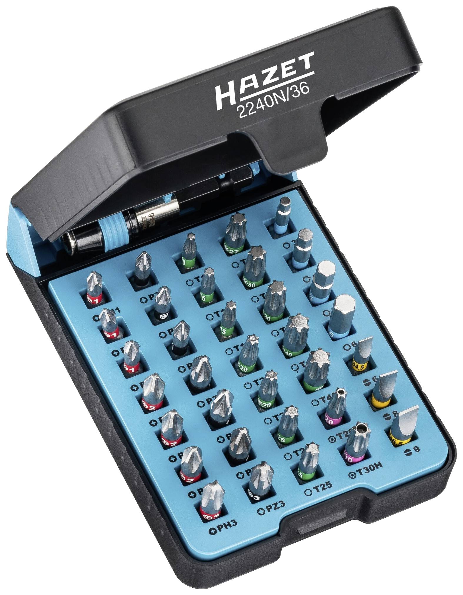 Hazet bit set with 36 different bits in a blue and black case. Suitable for screw work, versatile application.