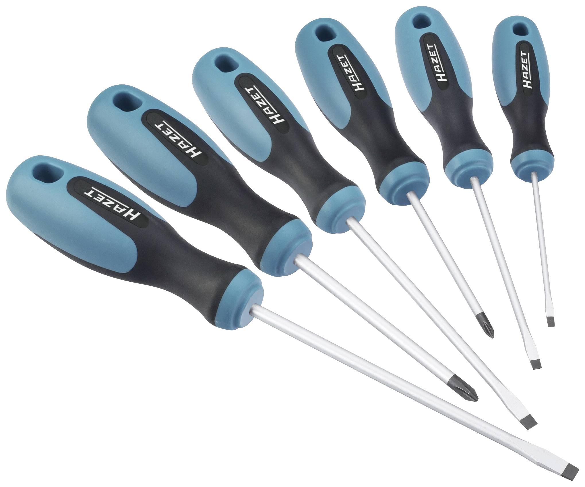 A set of five blue-black screwdrivers with ergonomic handles. Various sizes and shapes for different types of screws.