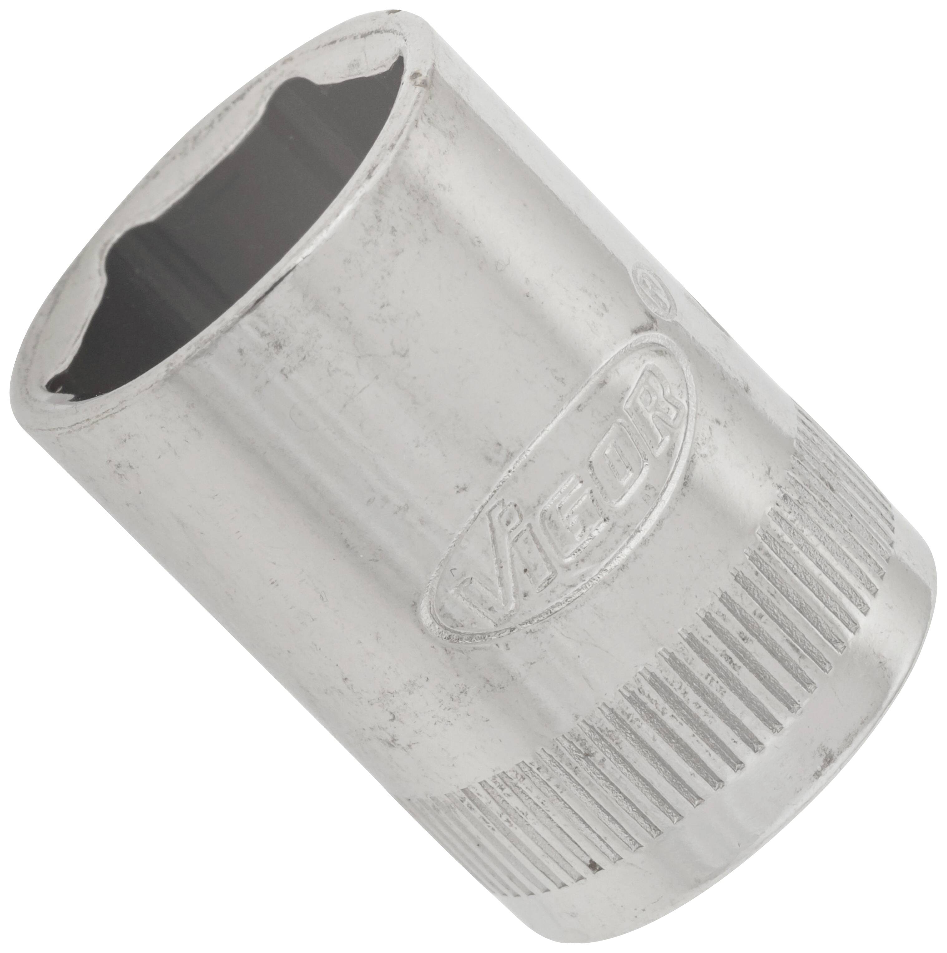 A silver knurled nut with a ribbed handle and embossed logo, suitable for screw-related work.