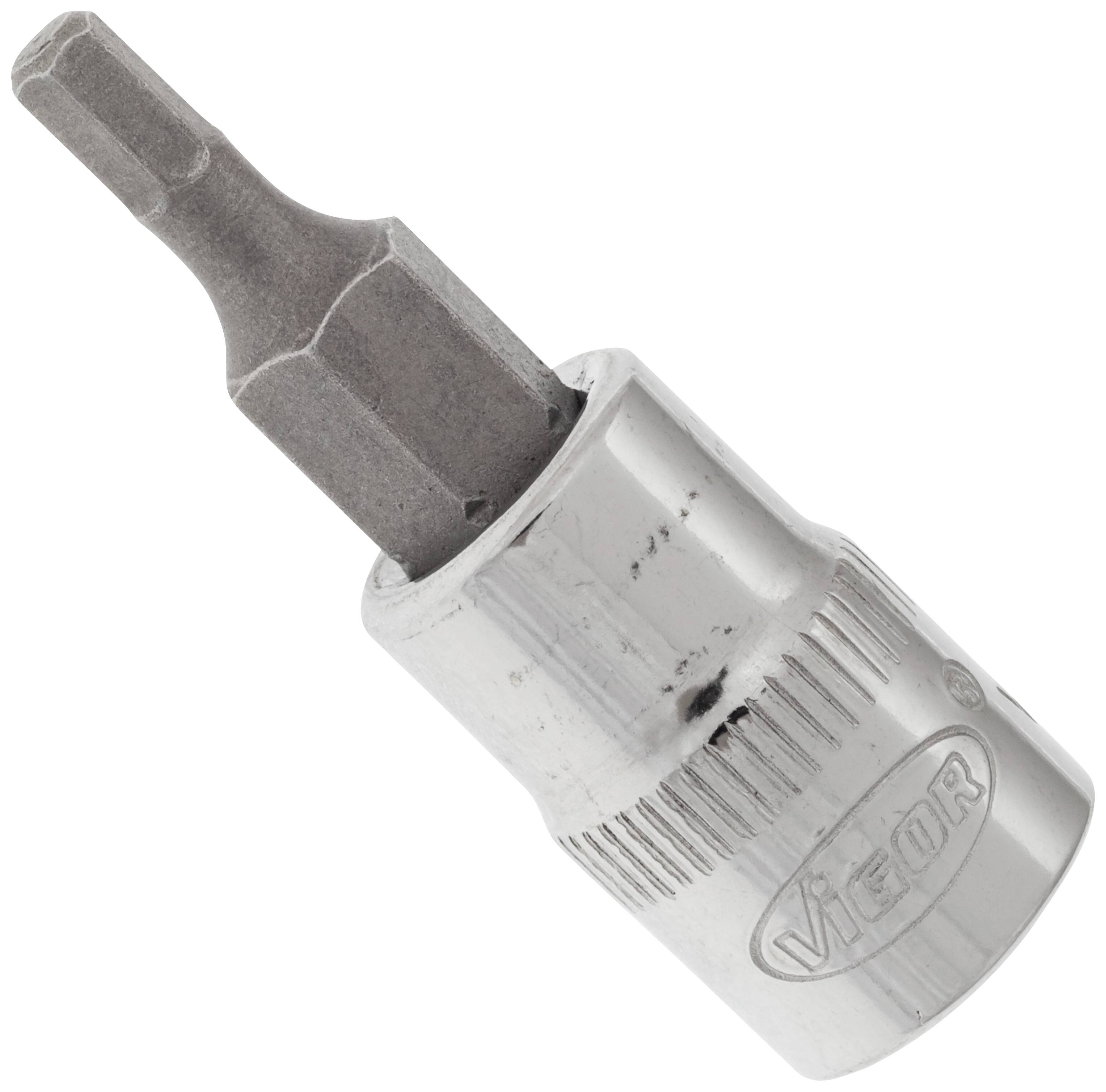 A silver hexagonal screwdriver bit with a hexagonal tip, suitable for hexagon socket screws, on a white background.